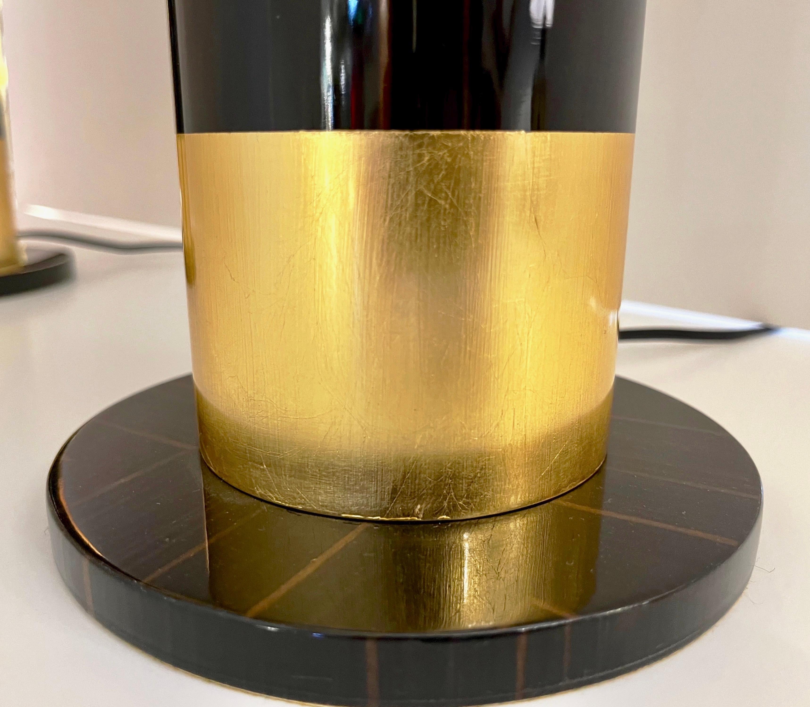 Metal Spanish Art Deco Design Pair of Black Brown Veneer & Gold Leaf Cylindrical Lamps For Sale