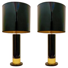 Coppia di lampade cilindriche con impiallacciatura marrone nera e foglia d'oro di design Art Deco spagnolo