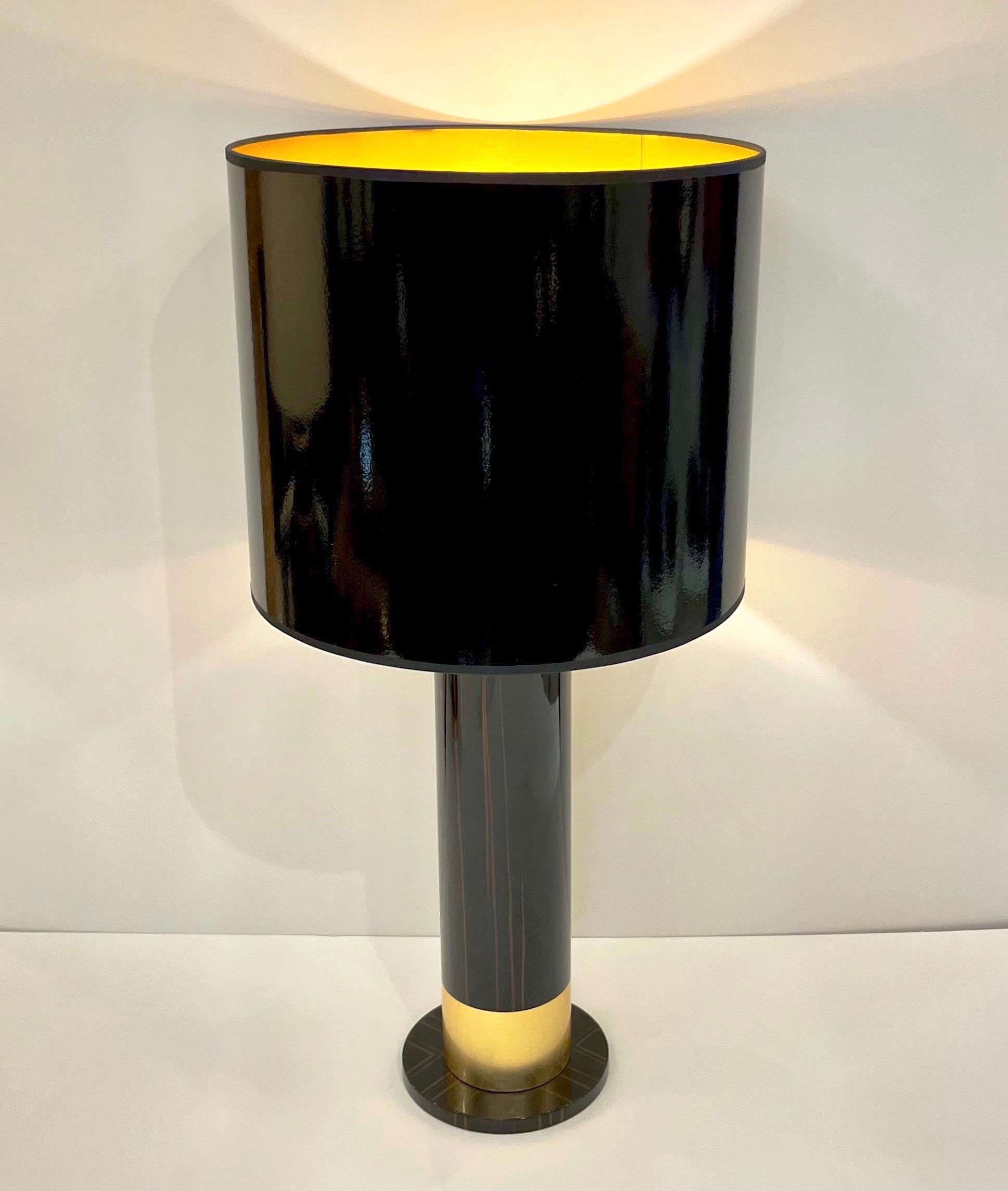 Spanish Art Deco Design Pair of Black Brown Veneer & Gold Leaf Cylindrical Lamps For Sale 4