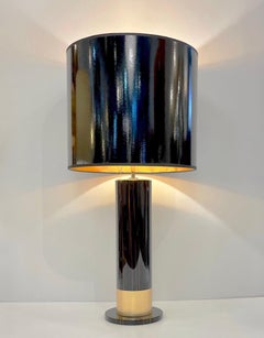 Pareja de Lámparas Cilíndricas de Diseño Art Decó Español en Chapa de Madera Marrón Negra y Pan de Oro