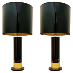 Spanish Art Deco Design Pair of Black Brown Veneer & Gold Leaf Cylindrical Lamps