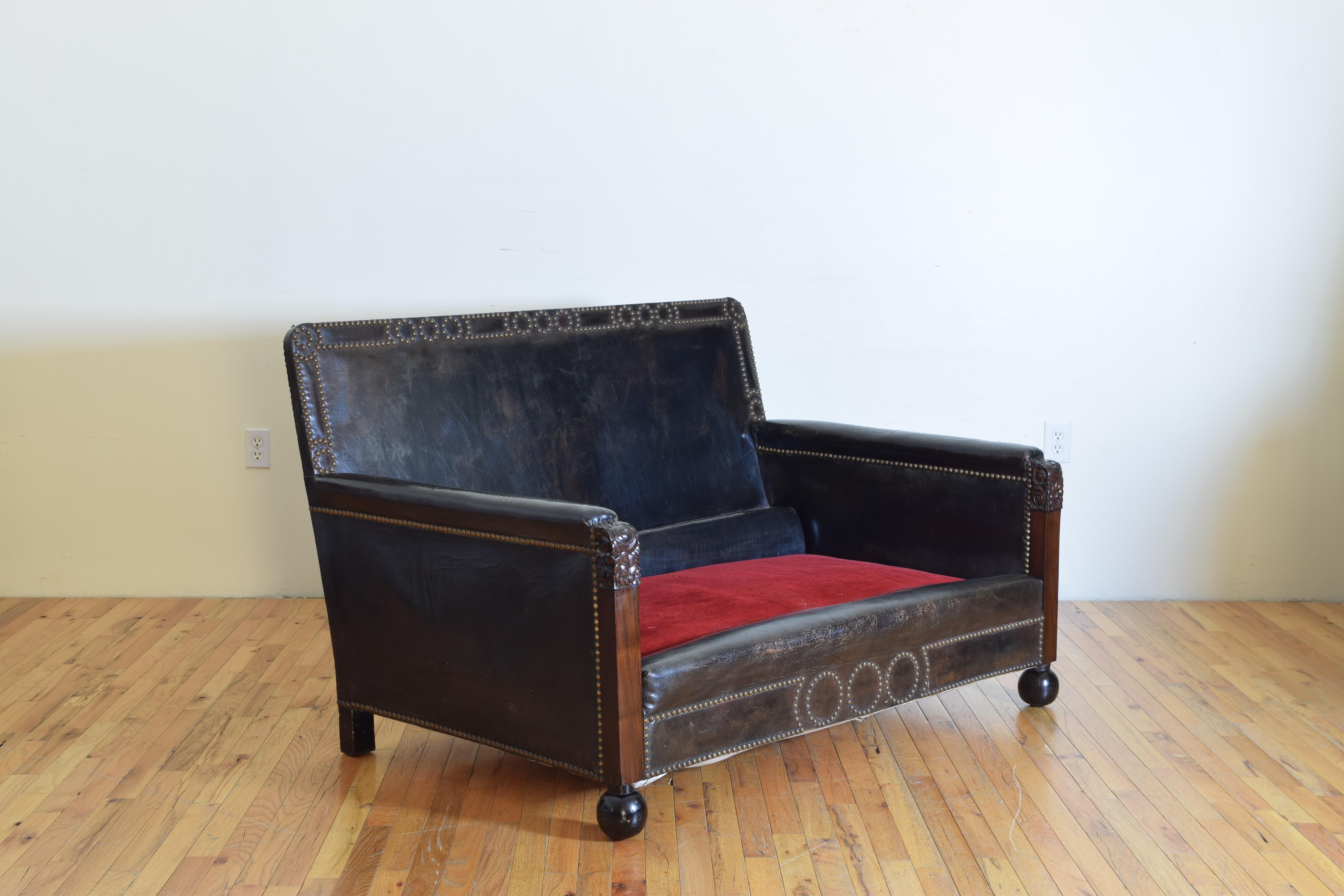 Spanish Art Deco Period Mahogany and Leather Upholstered Settee 4
