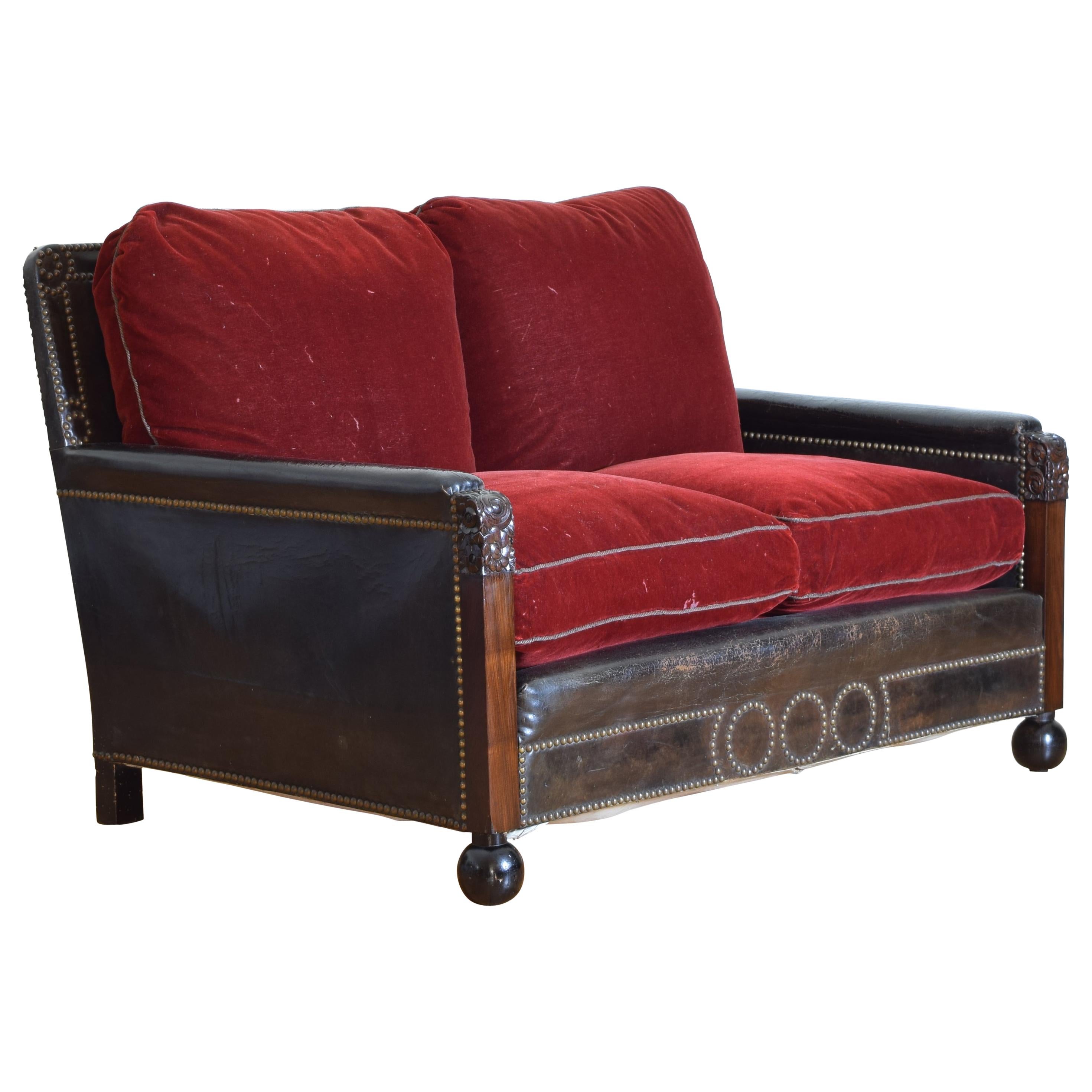 Spanish Art Deco Period Mahogany and Leather Upholstered Settee