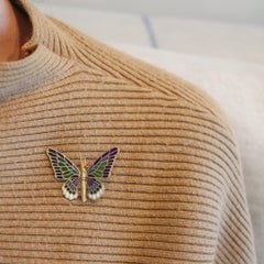 SPANISH Art Nouveau Plique à Jour Enamel Butterfly Brooch In 18Kt Yellow Gold