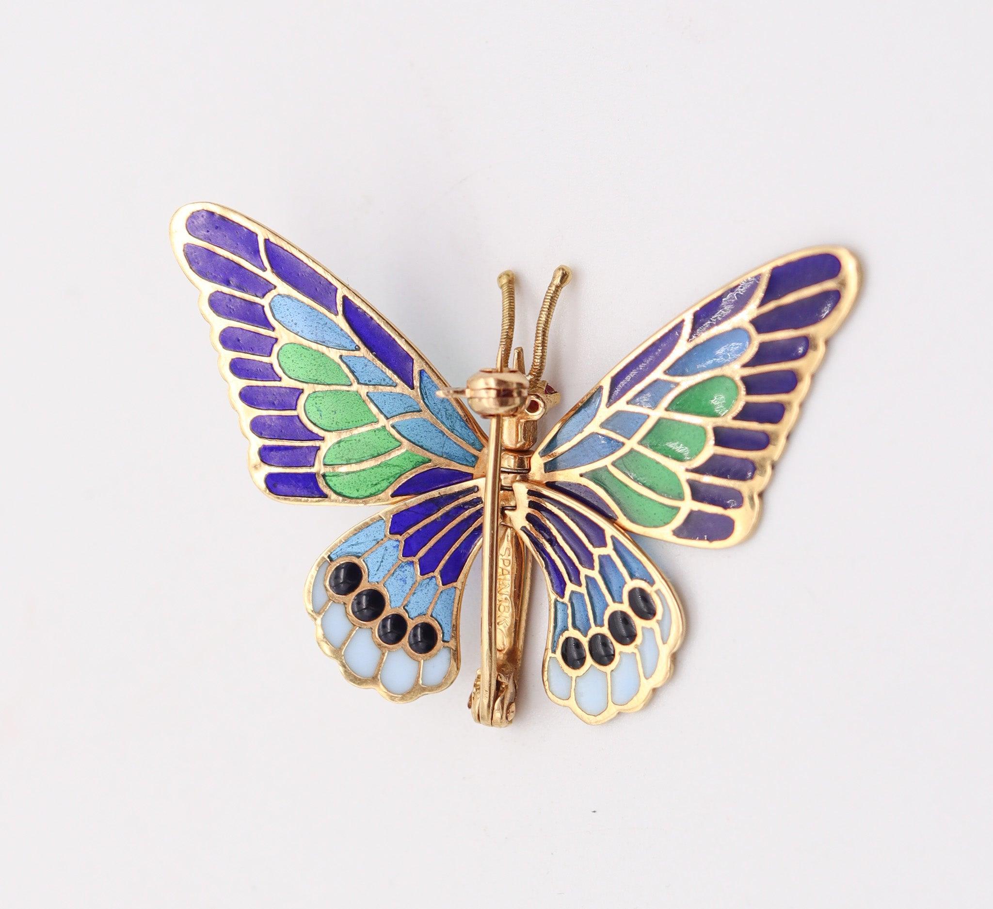 SPANISH Art Nouveau Plique à Jour Enamel Butterfly Brooch In 18Kt Yellow Gold In Excellent Condition For Sale In Miami, FL
