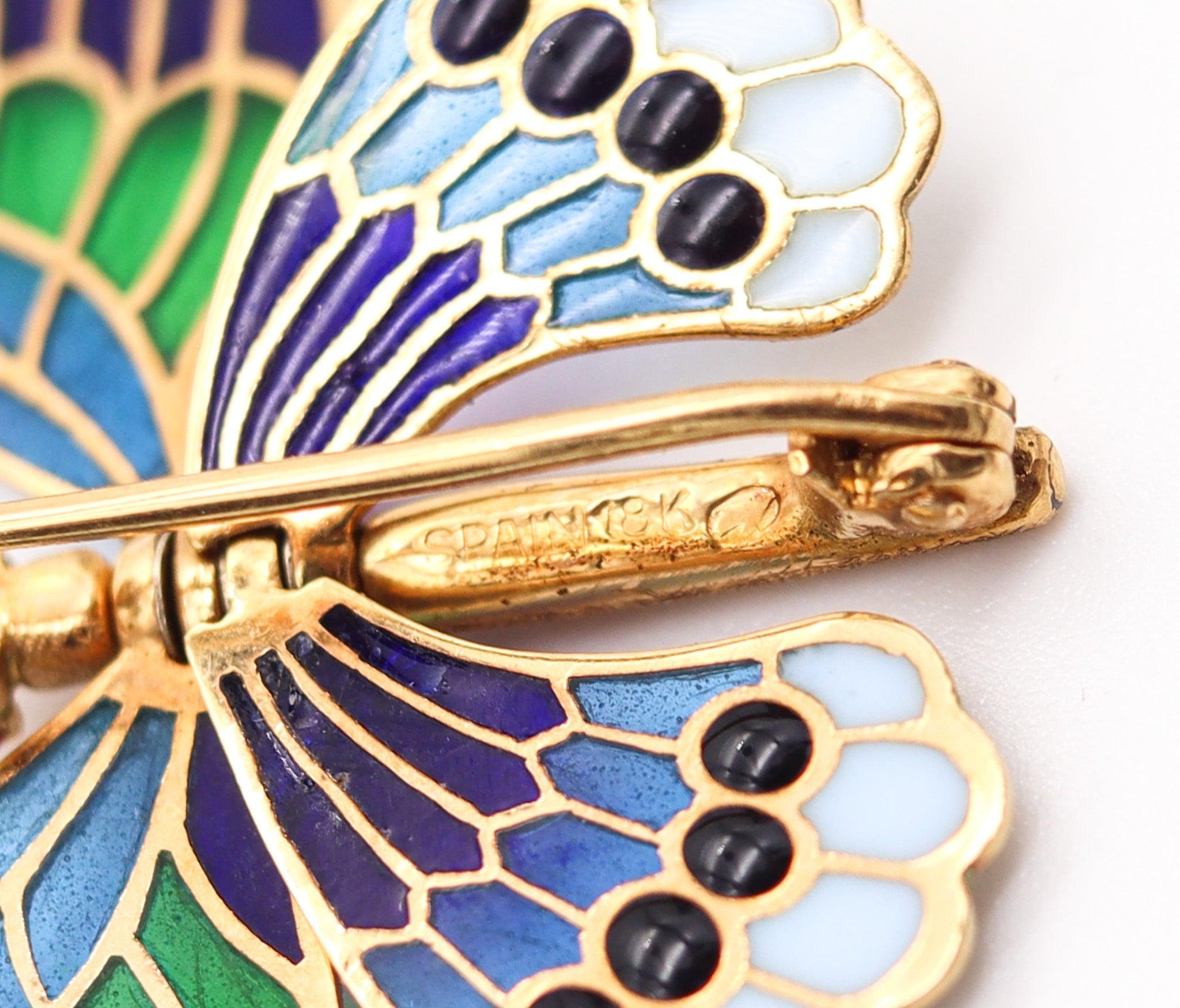 Women's SPANISH Art Nouveau Plique à Jour Enamel Butterfly Brooch In 18Kt Yellow Gold For Sale
