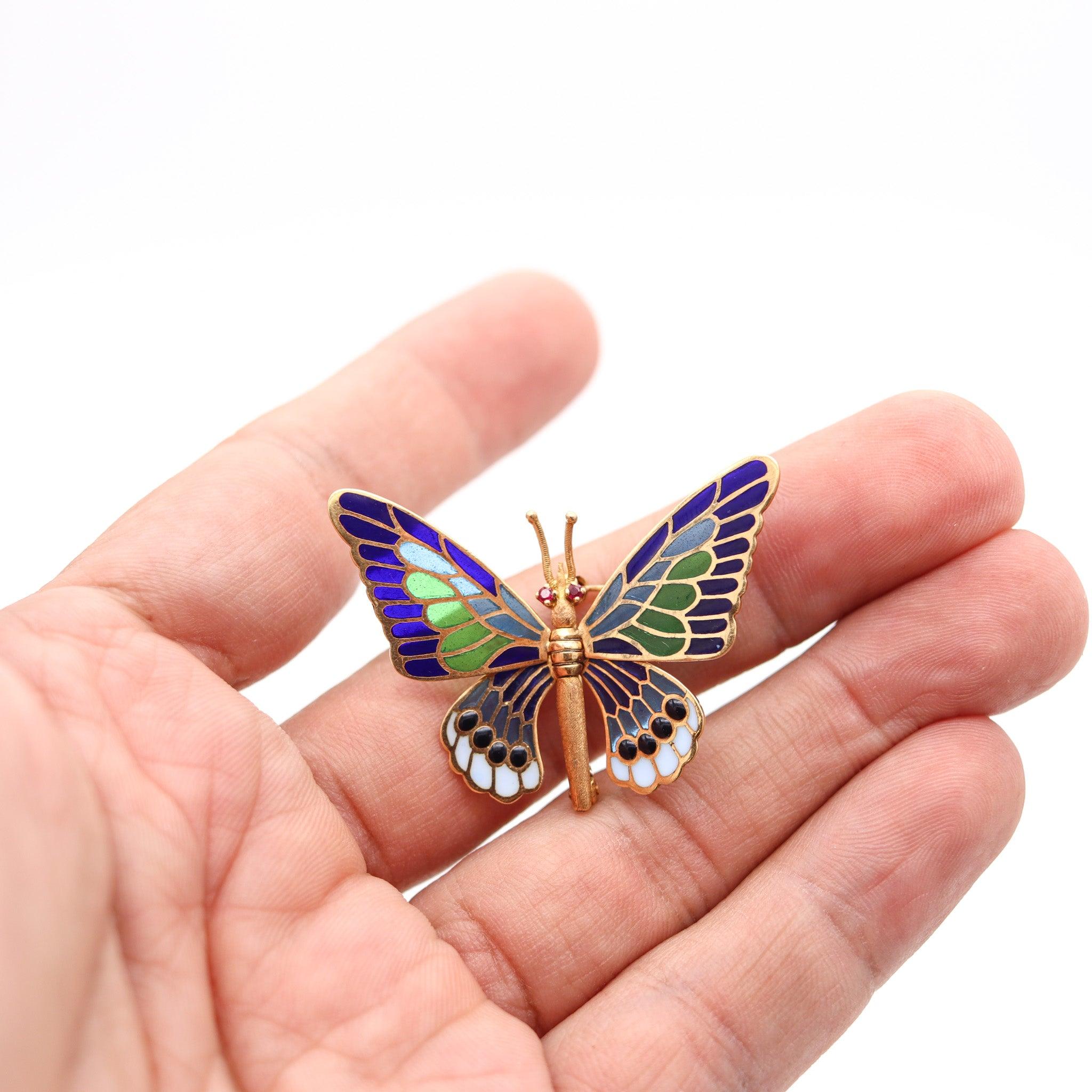 SPANISH Art Nouveau Plique à Jour Enamel Butterfly Brooch In 18Kt Yellow Gold For Sale 3