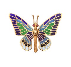 SPAGNOLO Art Nouveau Plique à Jour Spilla a farfalla smaltata in oro giallo 18Kt