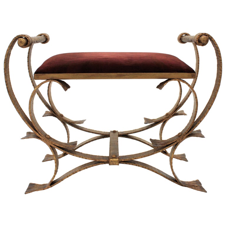 Spanish Art Nouveau Style Wrought Gilt Iron And Red Velvet Bench