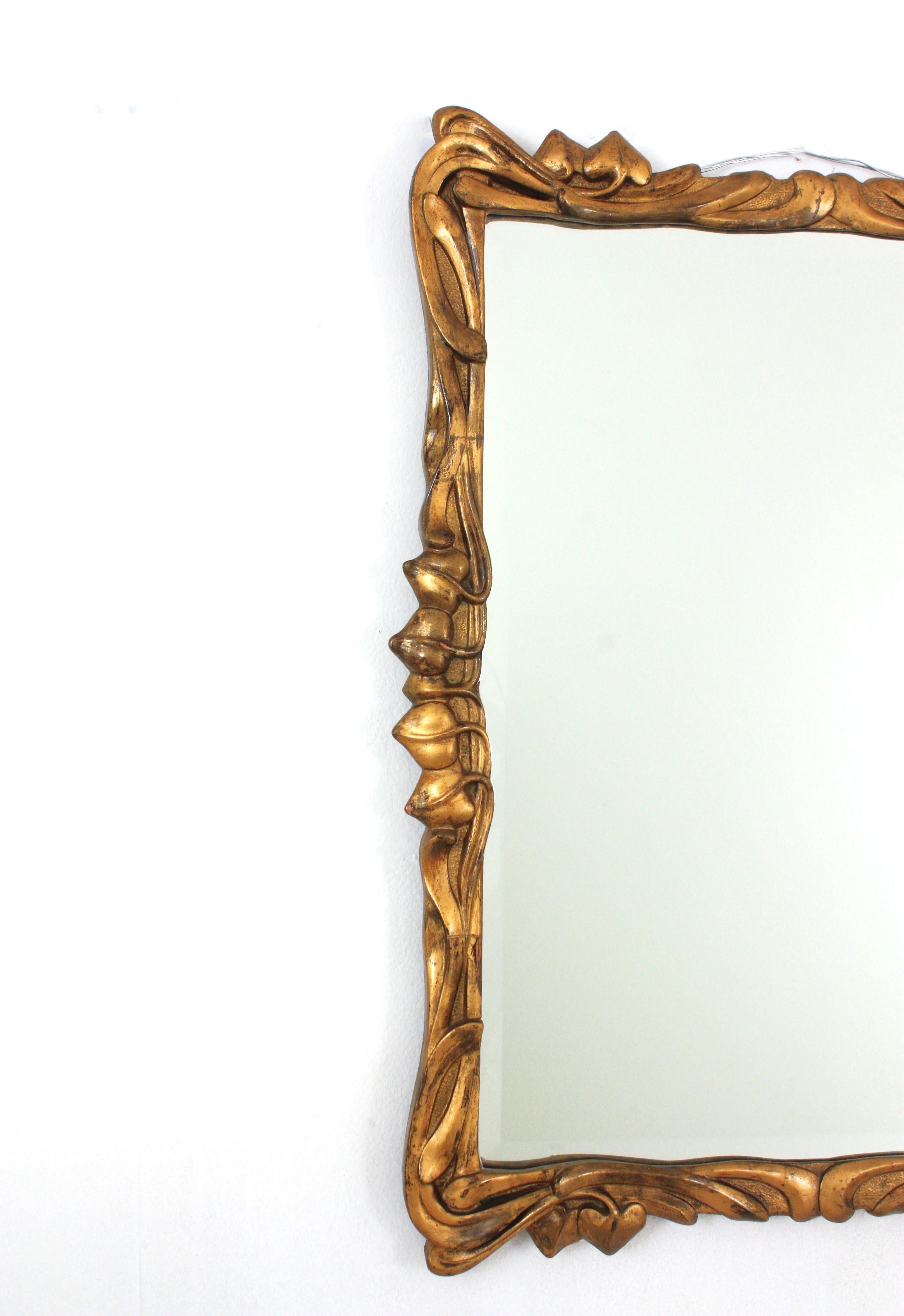 Gesso Spanish Art Nouveau Wall Mirror in Giltwood For Sale