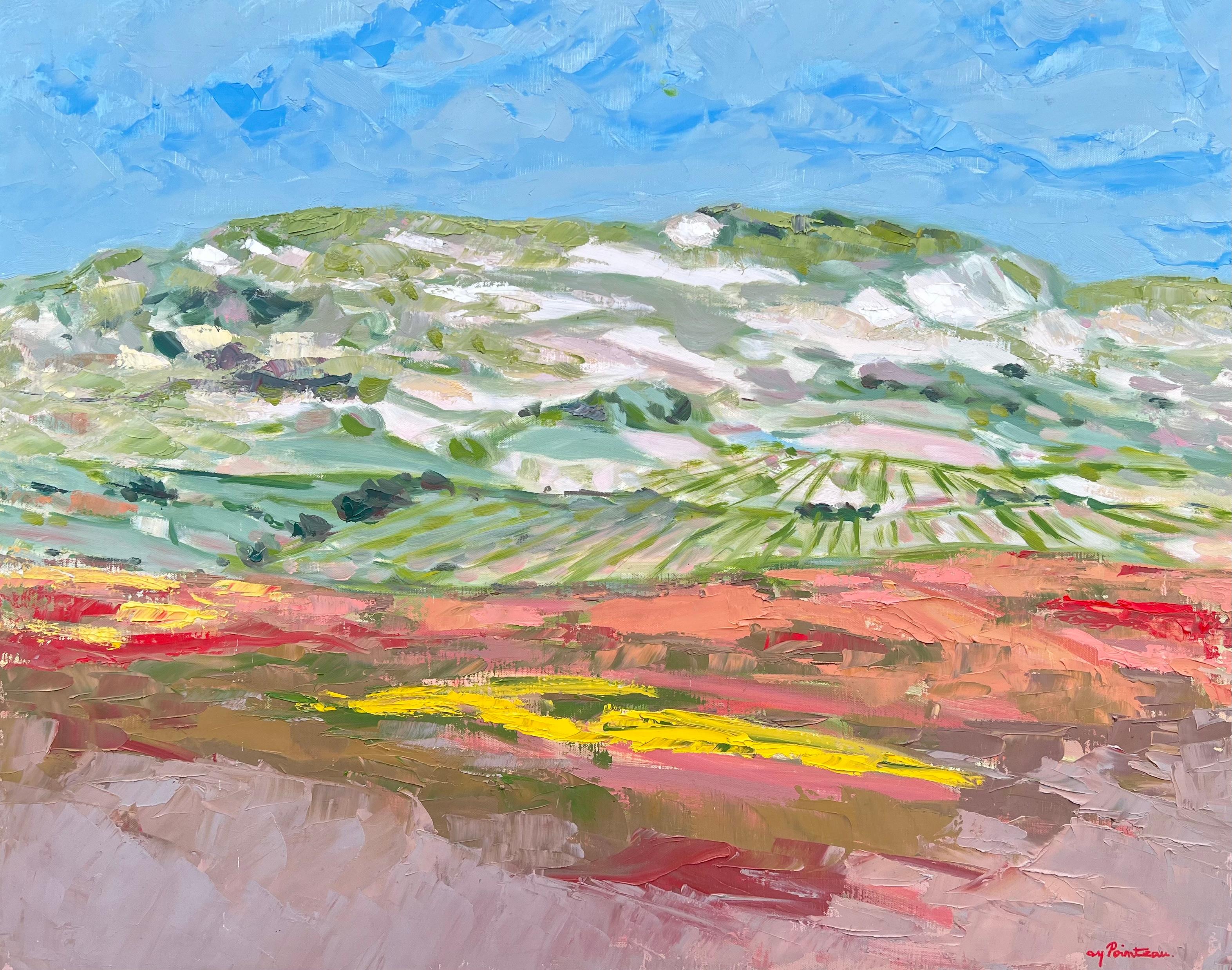 Spanish artist Abstract Painting – Zeitgenössisches spanisches Öl Lebendige Felder unter weitem Himmel Impressionistische Landschaft