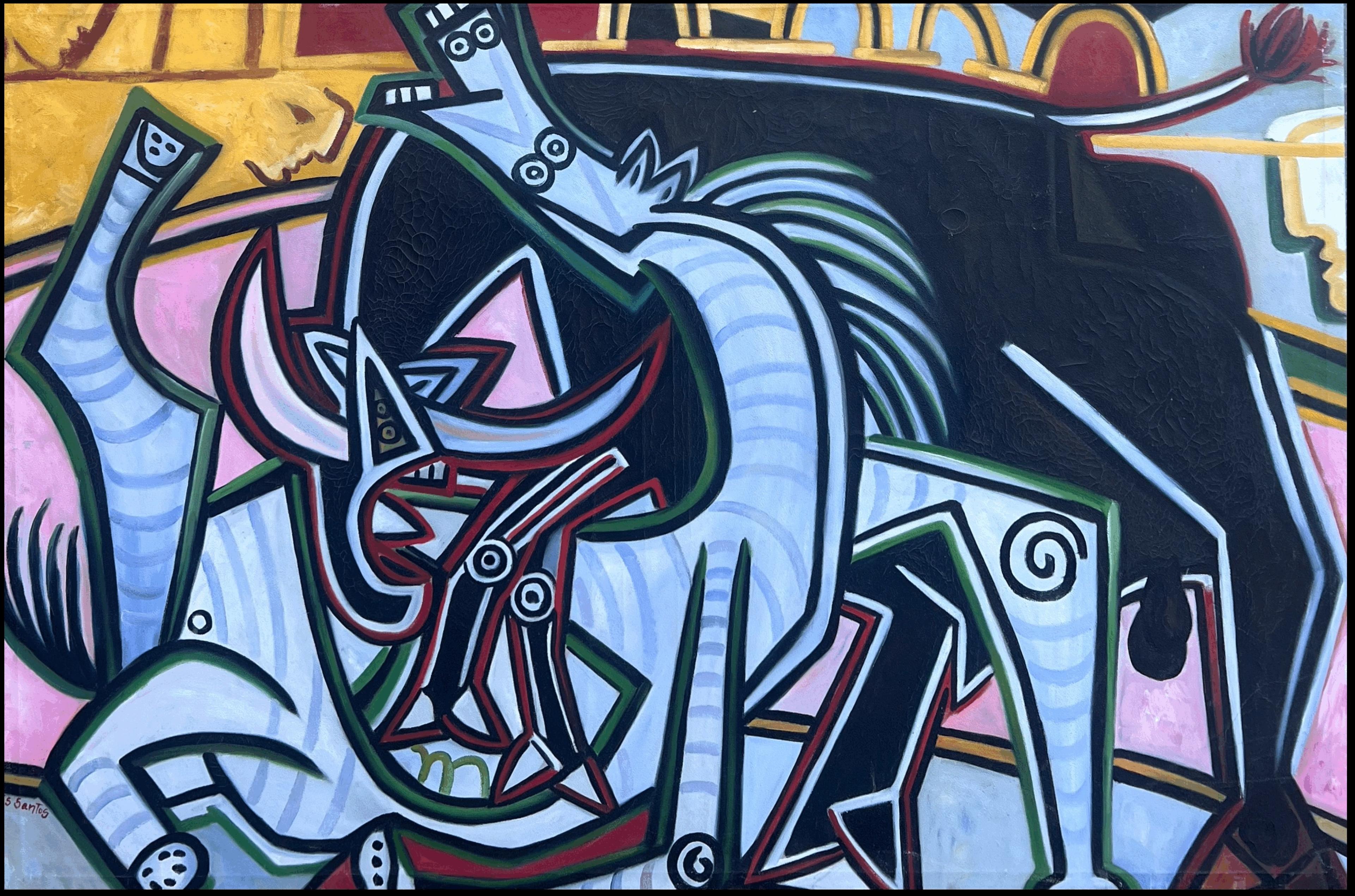 Enorme pittura ad olio contemporanea spagnola firmata Stile Picasso Cavallo Astratto
