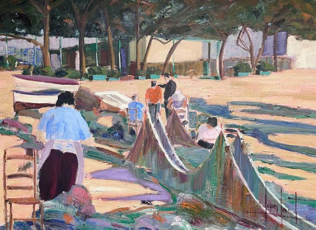 Großes Ölgemälde der spanischen Moderne, Ölgemälde Fischer, Trockenende Netze an der Küste, signiert – Painting von Spanish artist