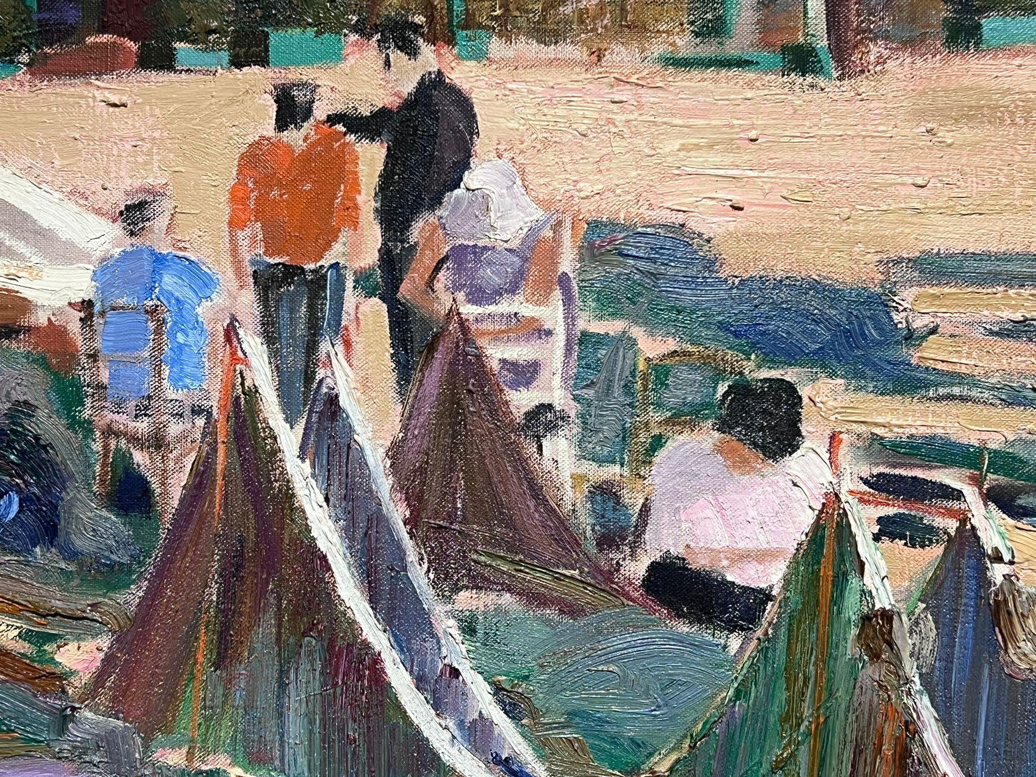 Großes Ölgemälde der spanischen Moderne, Ölgemälde Fischer, Trockenende Netze an der Küste, signiert im Angebot 1