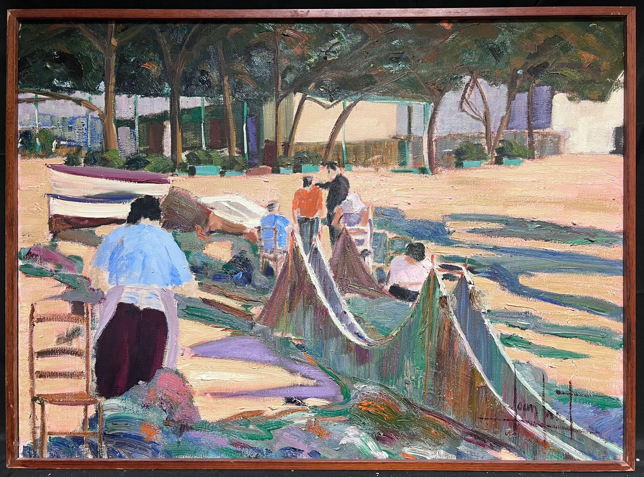 Spanish artist Landscape Painting – Großes Ölgemälde der spanischen Moderne, Ölgemälde Fischer, Trockenende Netze an der Küste, signiert