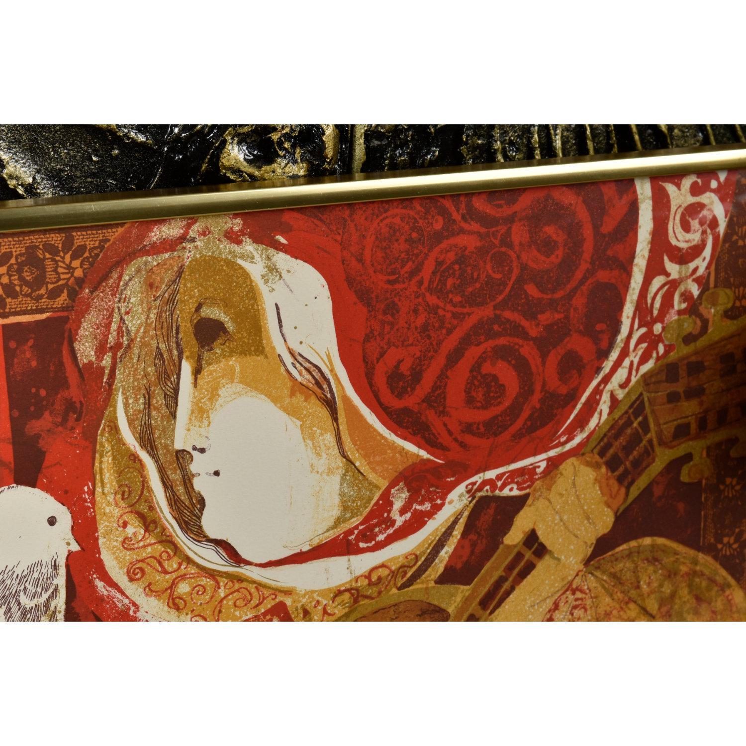 Spanish Artist Sunol Alvar The Guitarist and The Pigeons Framed Lithograph im Zustand „Gut“ im Angebot in Chattanooga, TN