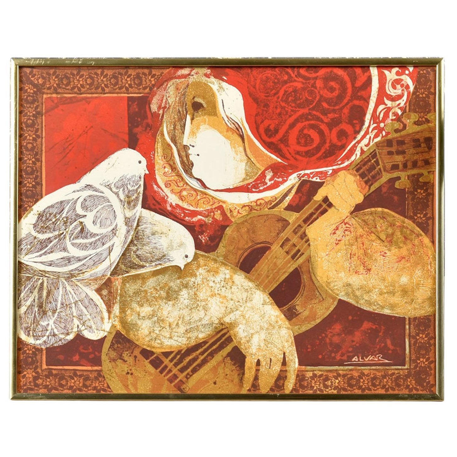 Spanischer Künstler Sunol Alvar Der Gitarrist und die Tauben Gerahmte Lithographie