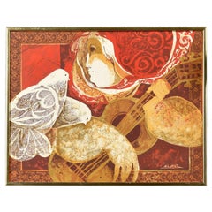 Spanish Artist Sunol Alvar The Guitarist and The Pigeons Framed Lithograph