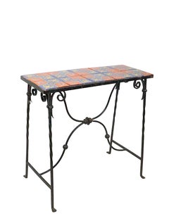 Spanish Arts and Crafts Mission Style Tile Top Wrought Iron Console Table 1920s