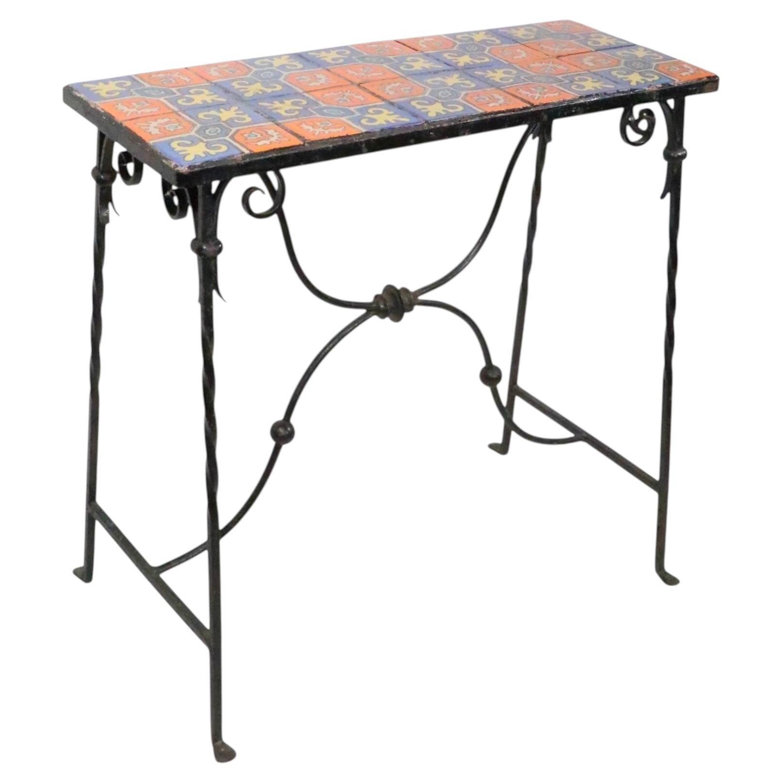 Spanish Arts and Crafts Mission Style Tile Top Wrought Iron Console Table 1920s