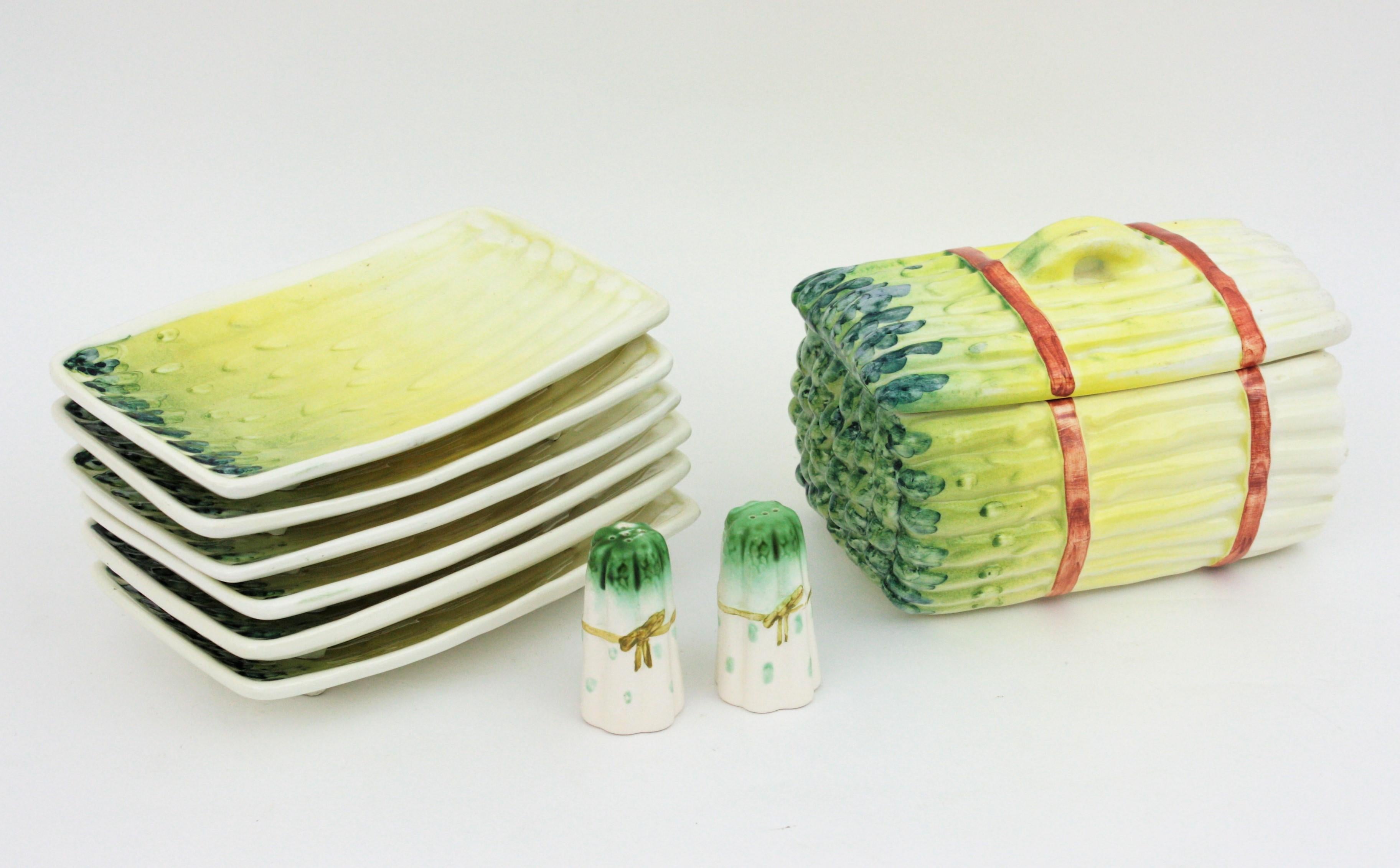 Glazed Set of 6 Asparagus Ceramic Plates, Tureen and Salt Pepper Shakers, Spain 1960s For Sale