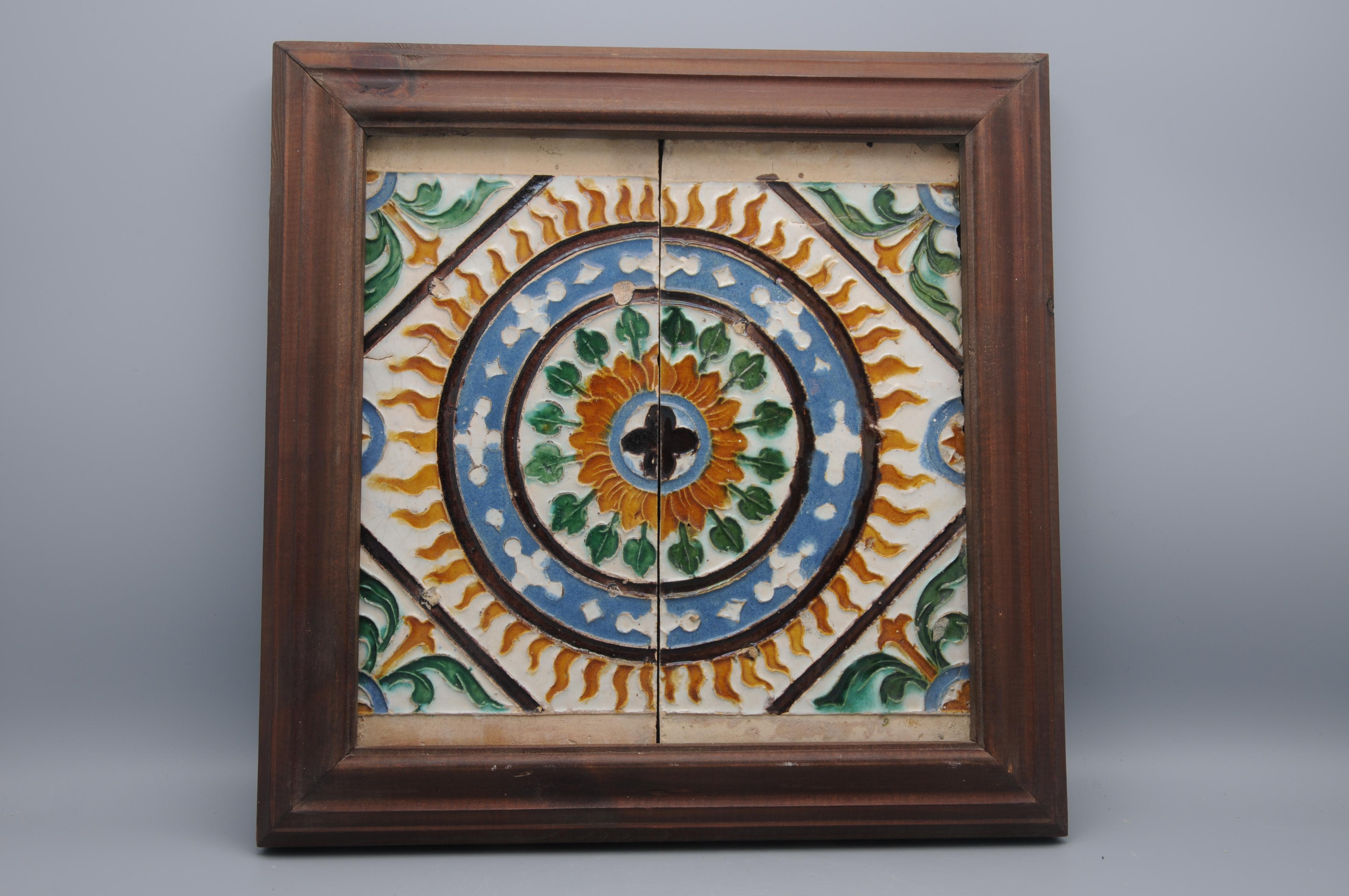 Set of Spanish tiles of the 'dos por tabla/ type in the Arista y cuenca tile made in Toledo. This particular type was to adorn ceilings. 
Tile decorated in renaissance style with a central geometric interlacing starshaped design within a ring of