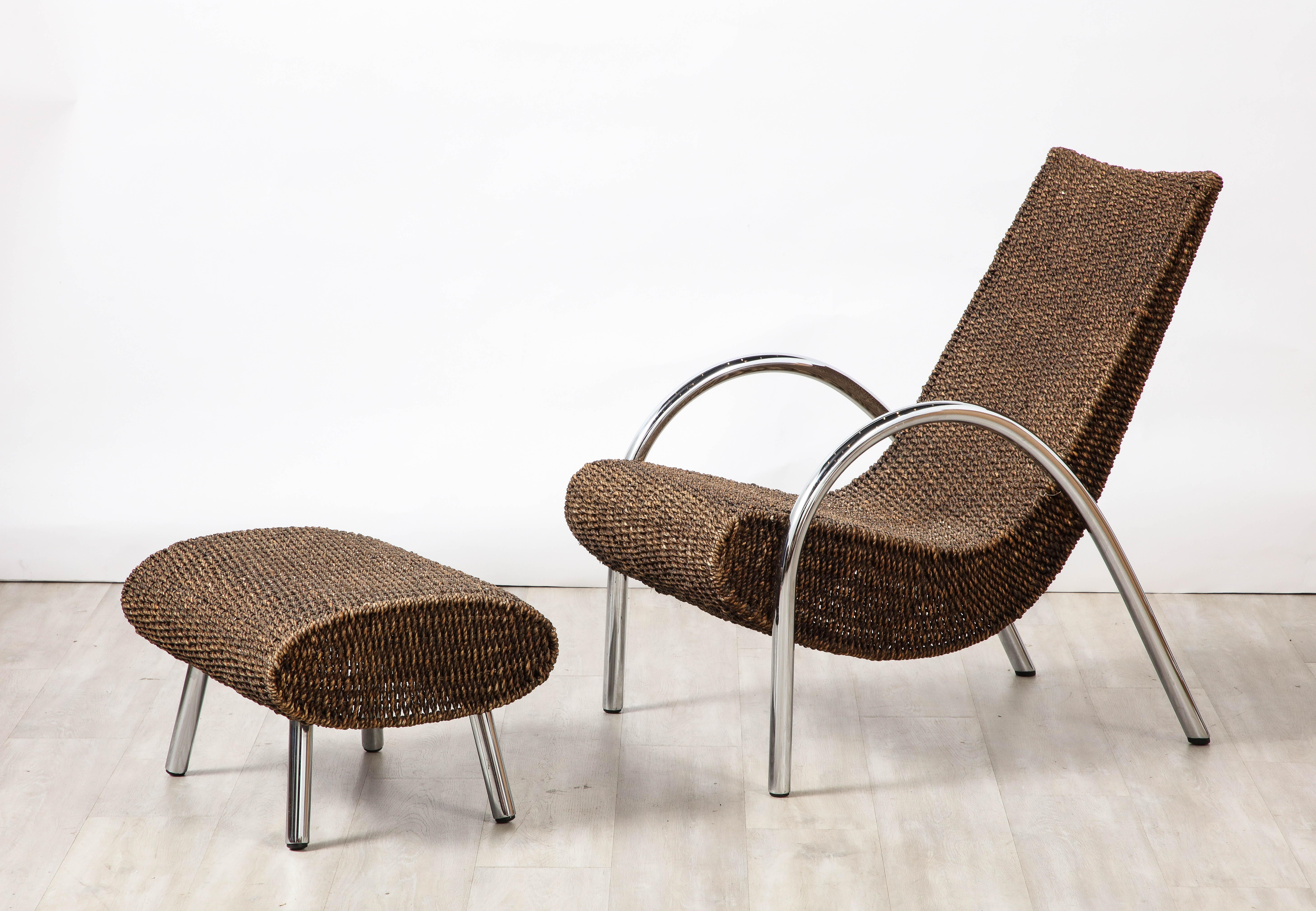 Spanish 1960's bamboo molded lounge chair with chrome sloped arm supports, with a matching ottoman.  Highly unique, sculptural and organic.  A wonderful contrast of the natural materials and metal.
Spain, circa 1960 
Size: 35