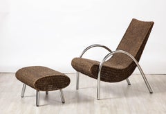 Spanish Rattan and Chrome Lounge Chair with Ottoman, Spain, circa 1960