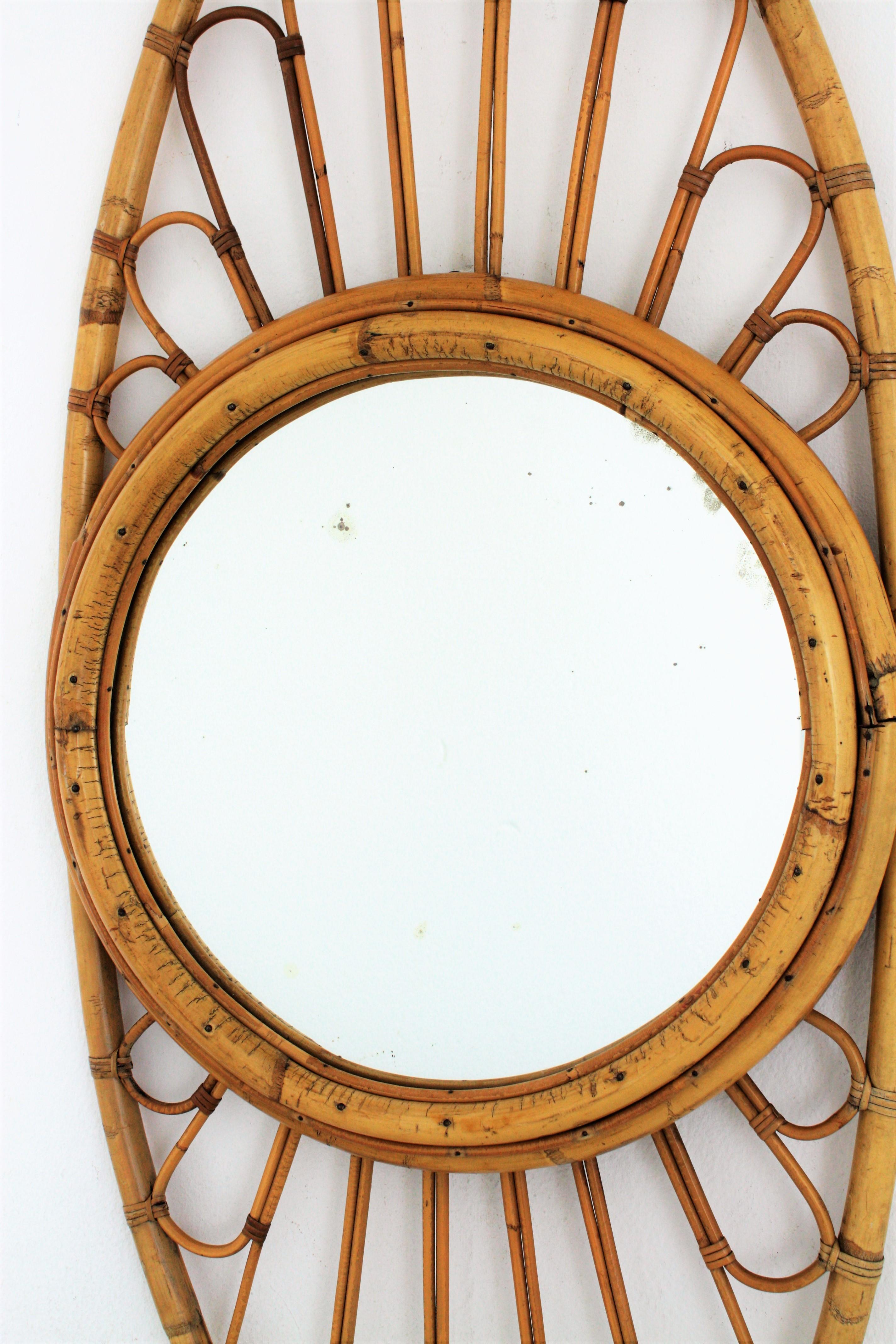 Mid-Century Modern Bamboo Rattan Oval Mirror, Spain, 1960s For Sale