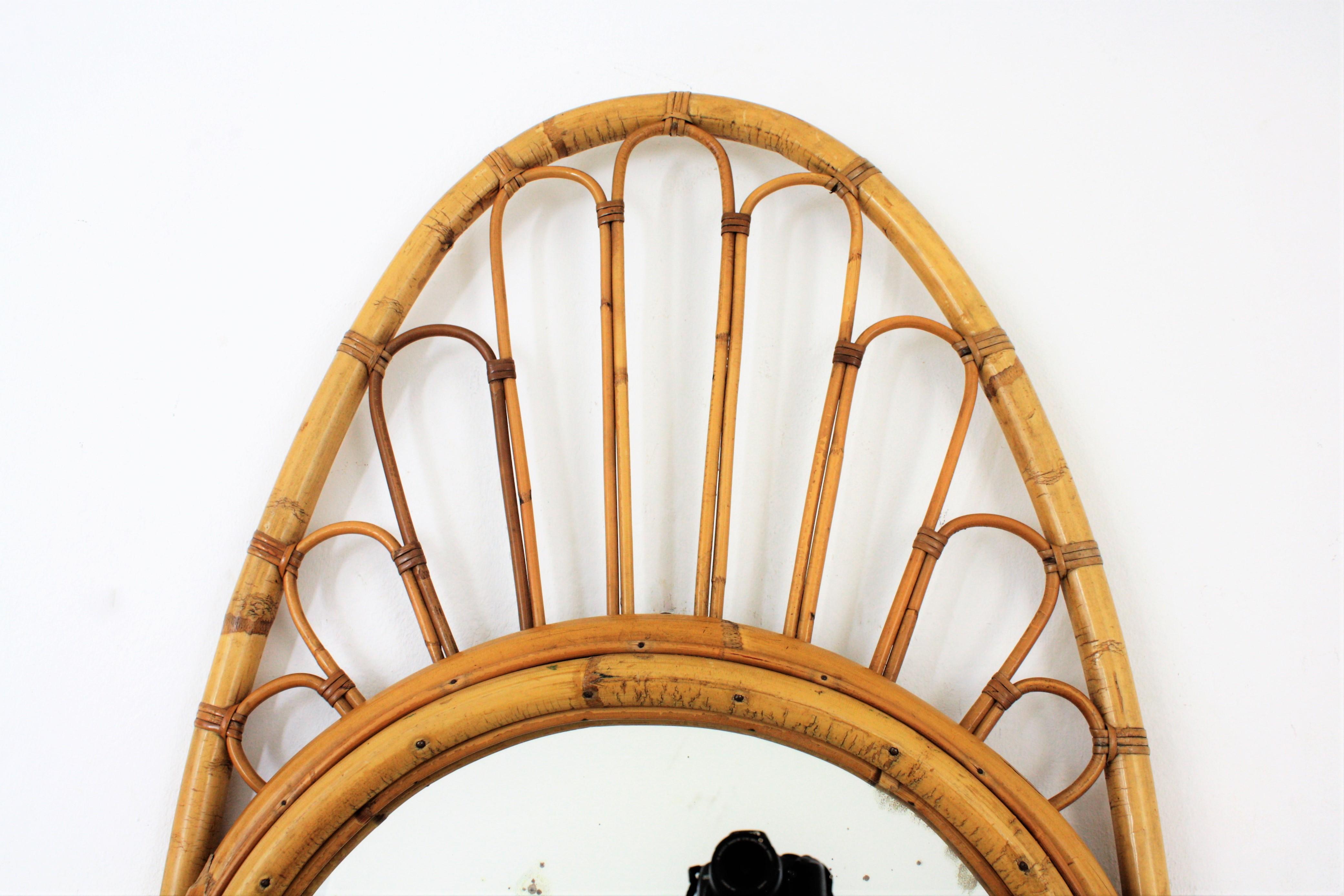 Hand-Crafted Bamboo Rattan Large Oval Mirror, Spain, 1960s For Sale