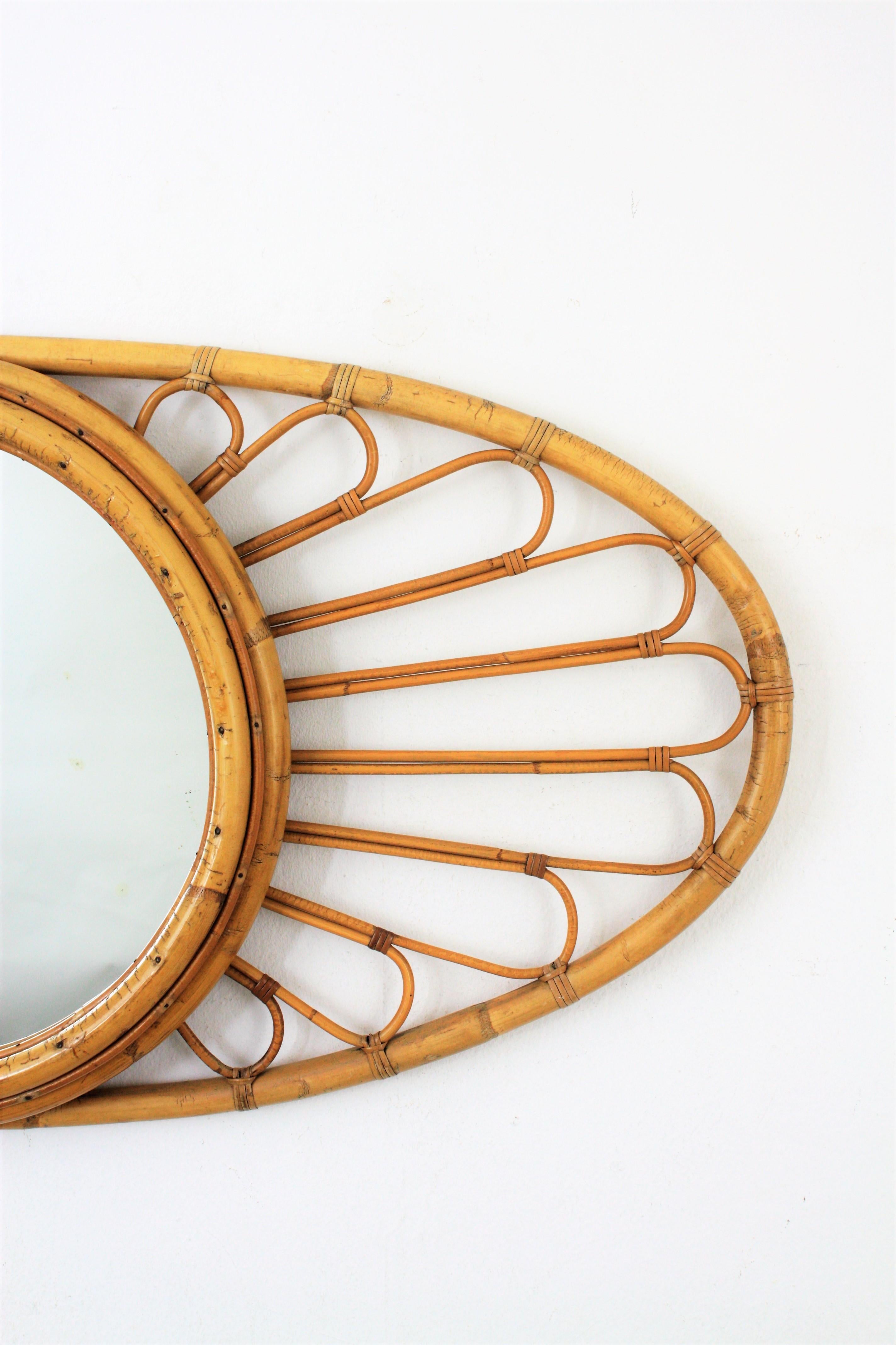 20th Century Bamboo Rattan Large Oval Mirror, Spain, 1960s For Sale