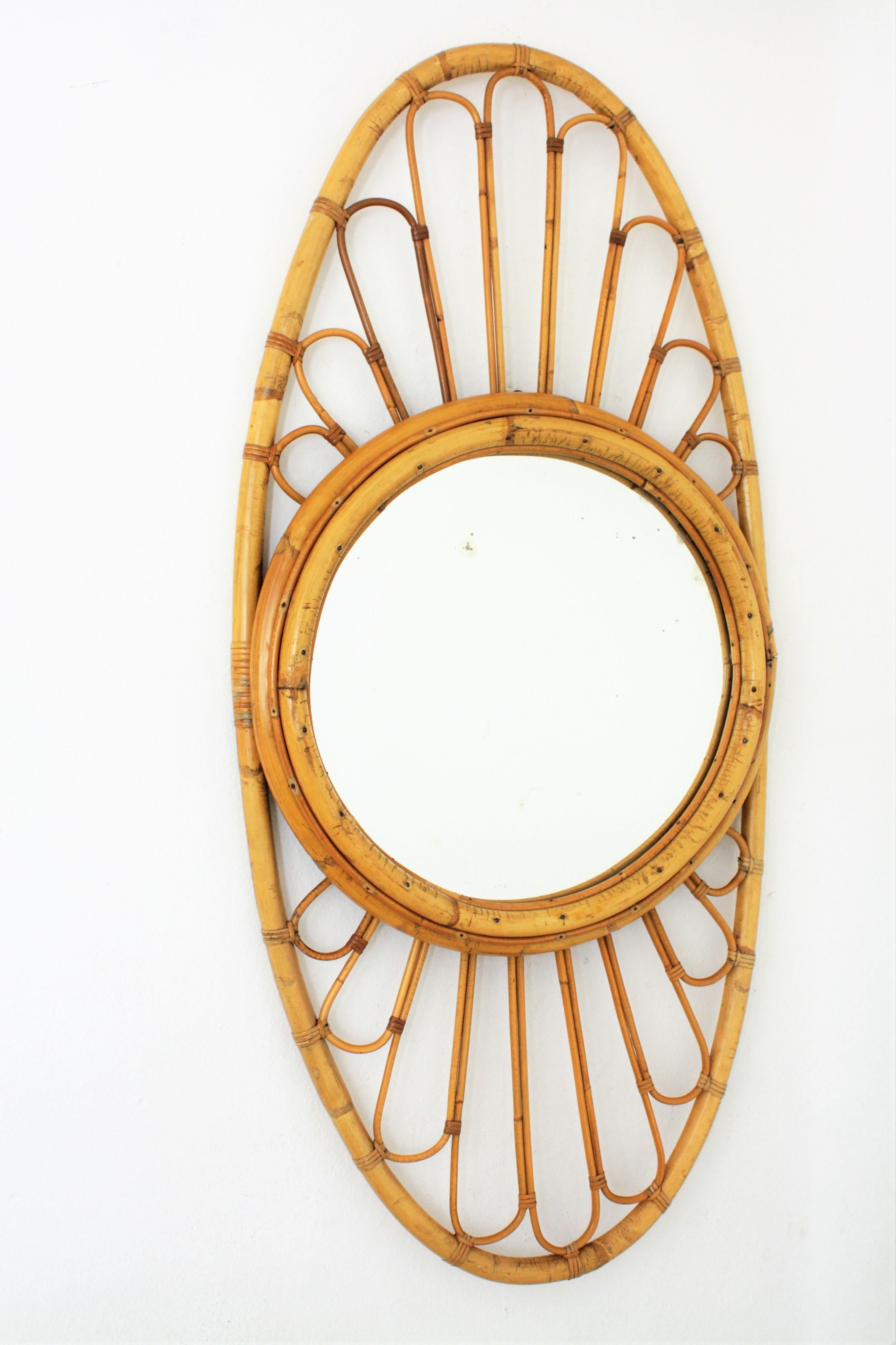 Bamboo Rattan Large Oval Mirror, Spain, 1960s For Sale 2