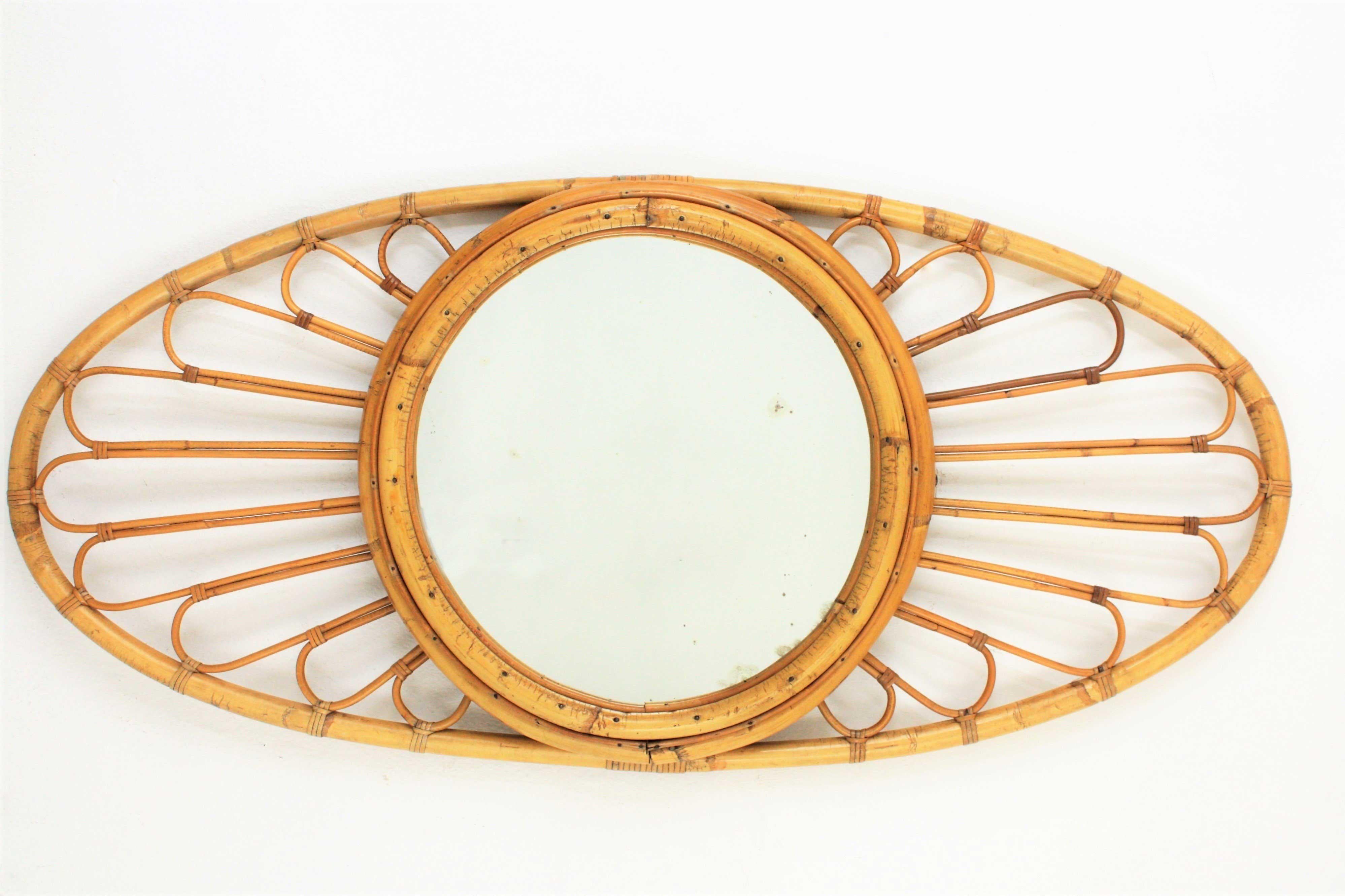Spanish Bamboo Rattan Large Oval Mirror, Spain, 1960s For Sale