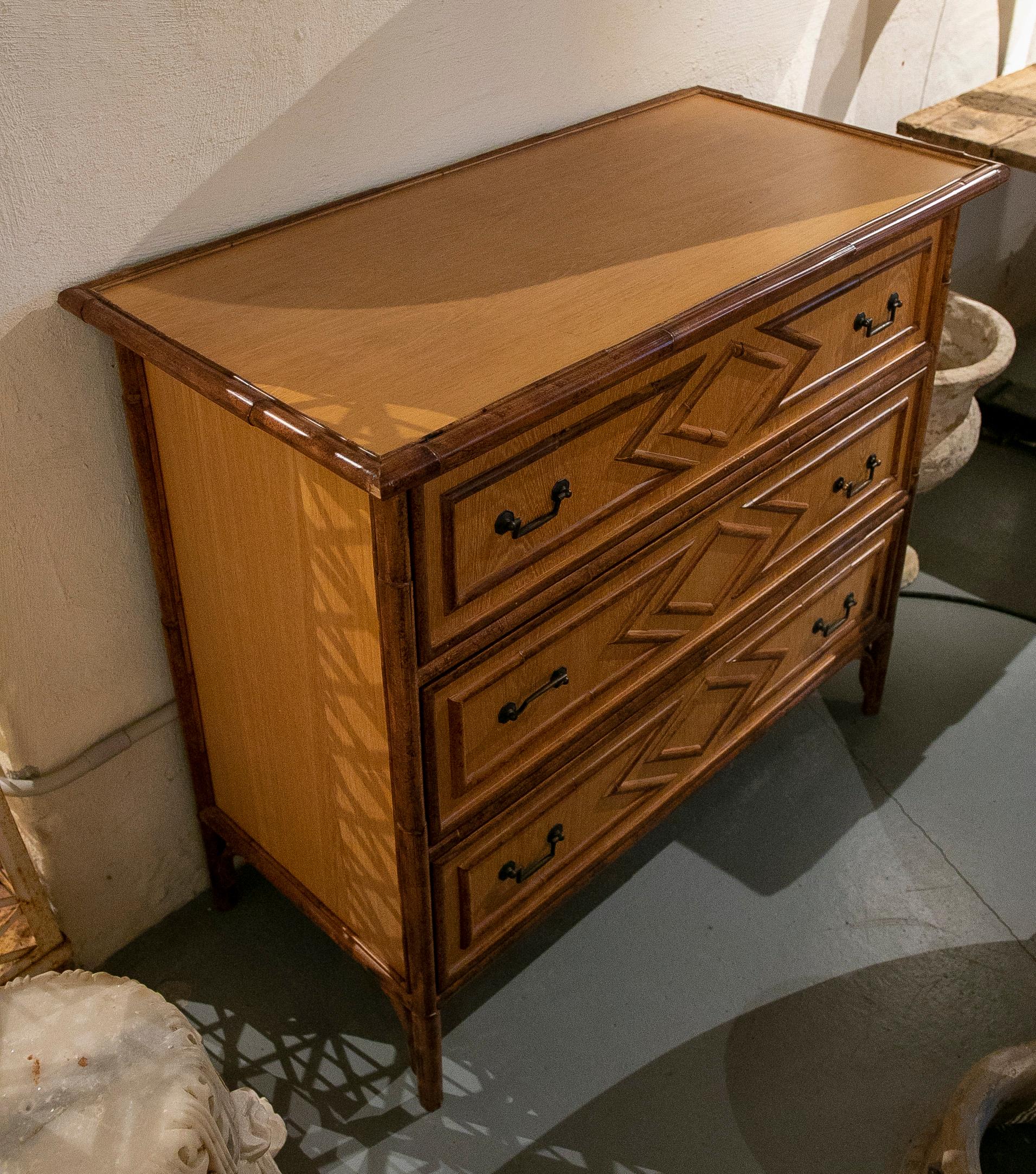 Spanish Bamboo and Wood Chest of Drawers with Three Drawers and Bronze Pulls In Good Condition In Marbella, ES
