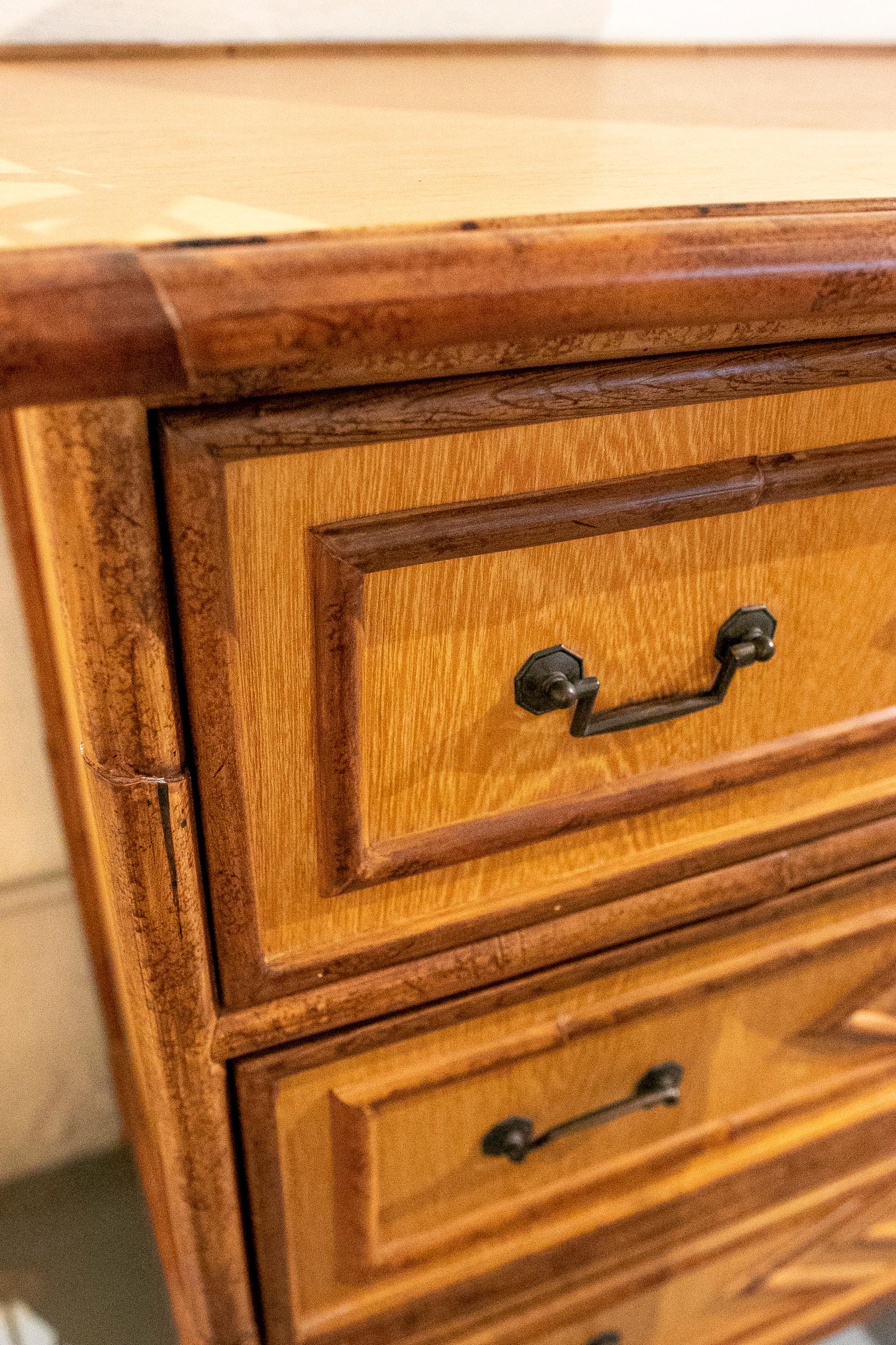 20th Century Spanish Bamboo and Wood Chest of Drawers with Three Drawers and Bronze Pulls