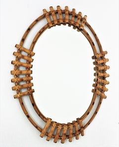 Spanish Rattan Bamboo Oval Sunburst Mirror, 1960s