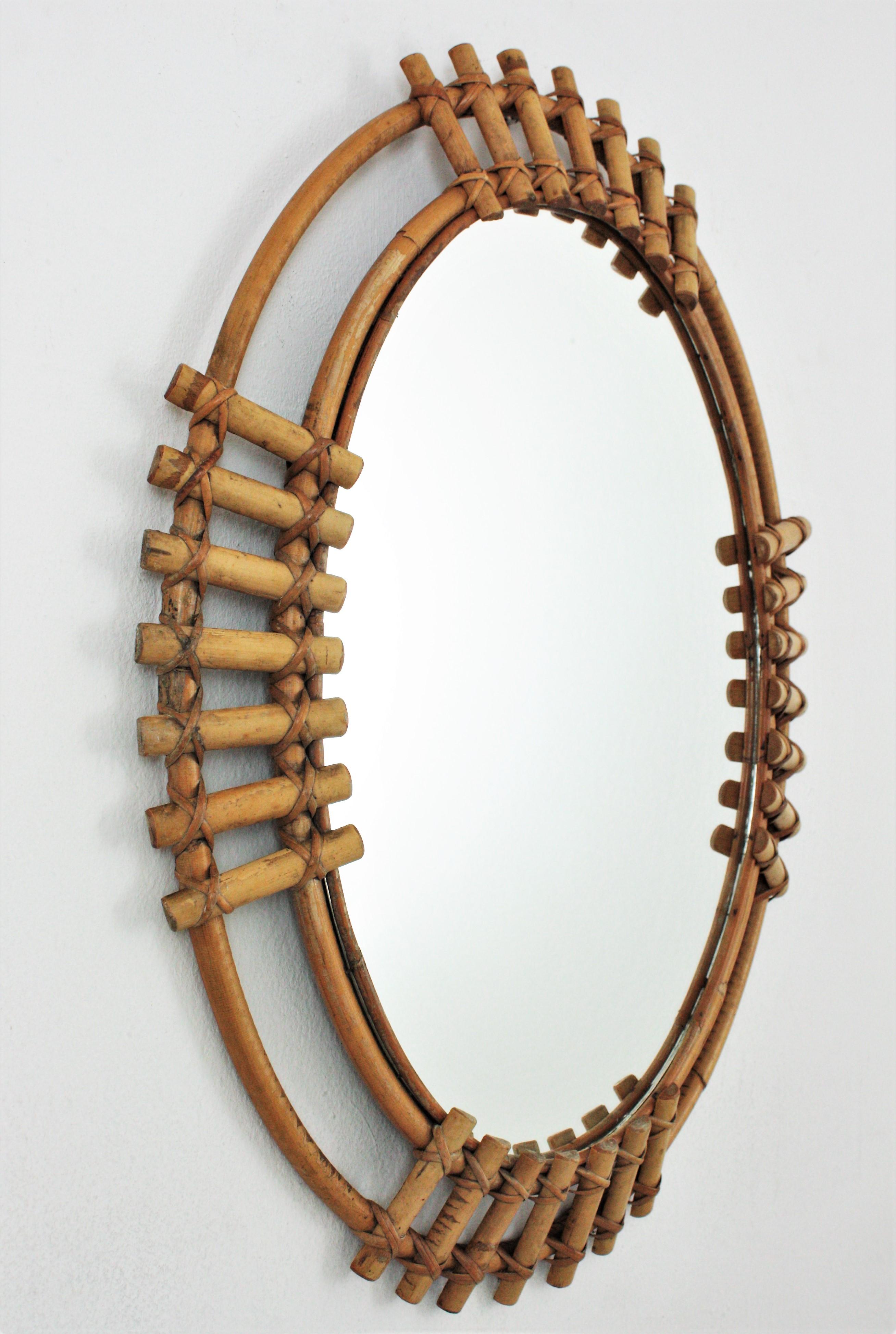 Mid-Century Modern Spanish Bamboo Oval Sunburst Mirror, 1960s