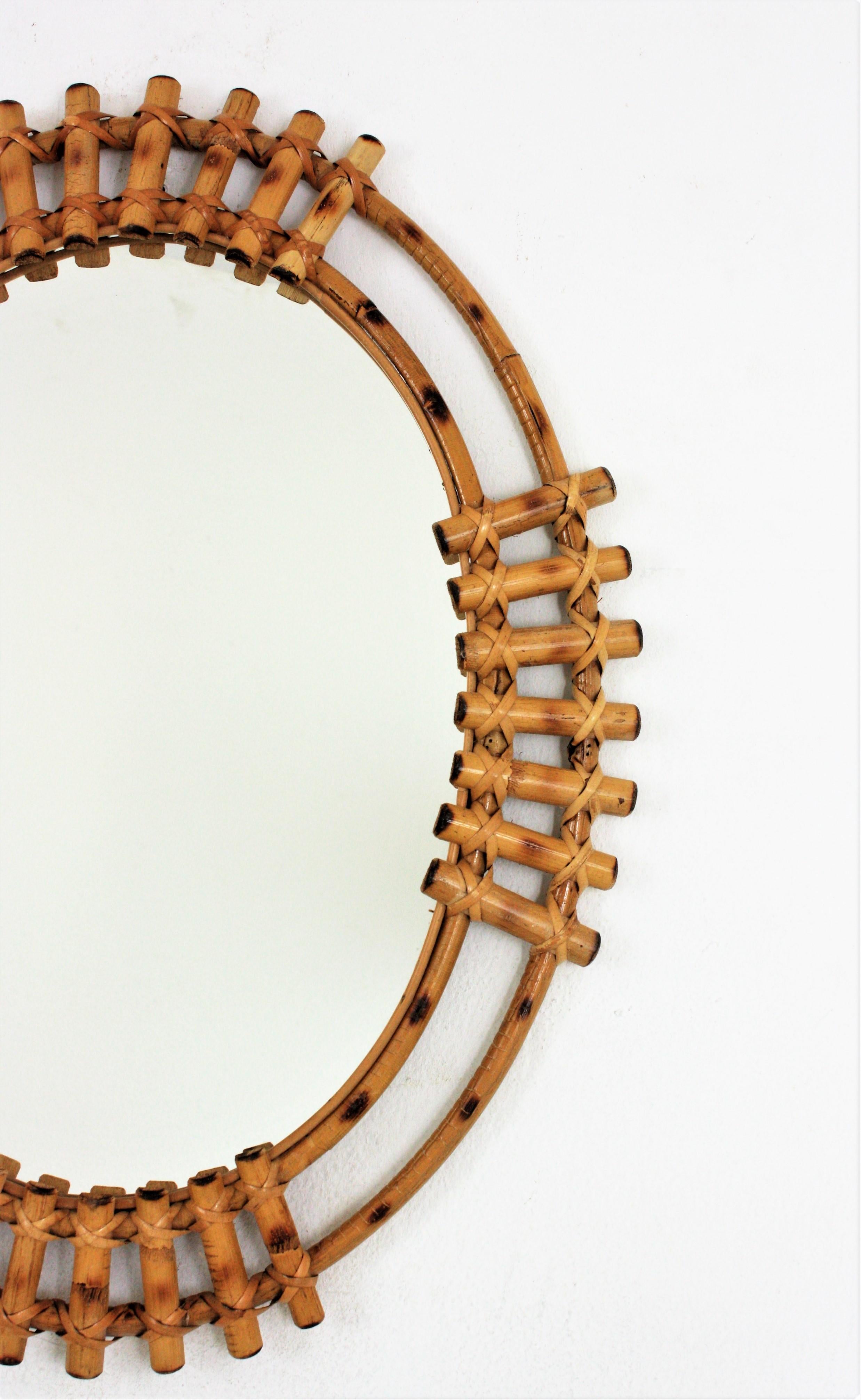 20th Century Spanish Bamboo Rattan Oval Sunburst Mirror, 1960s For Sale