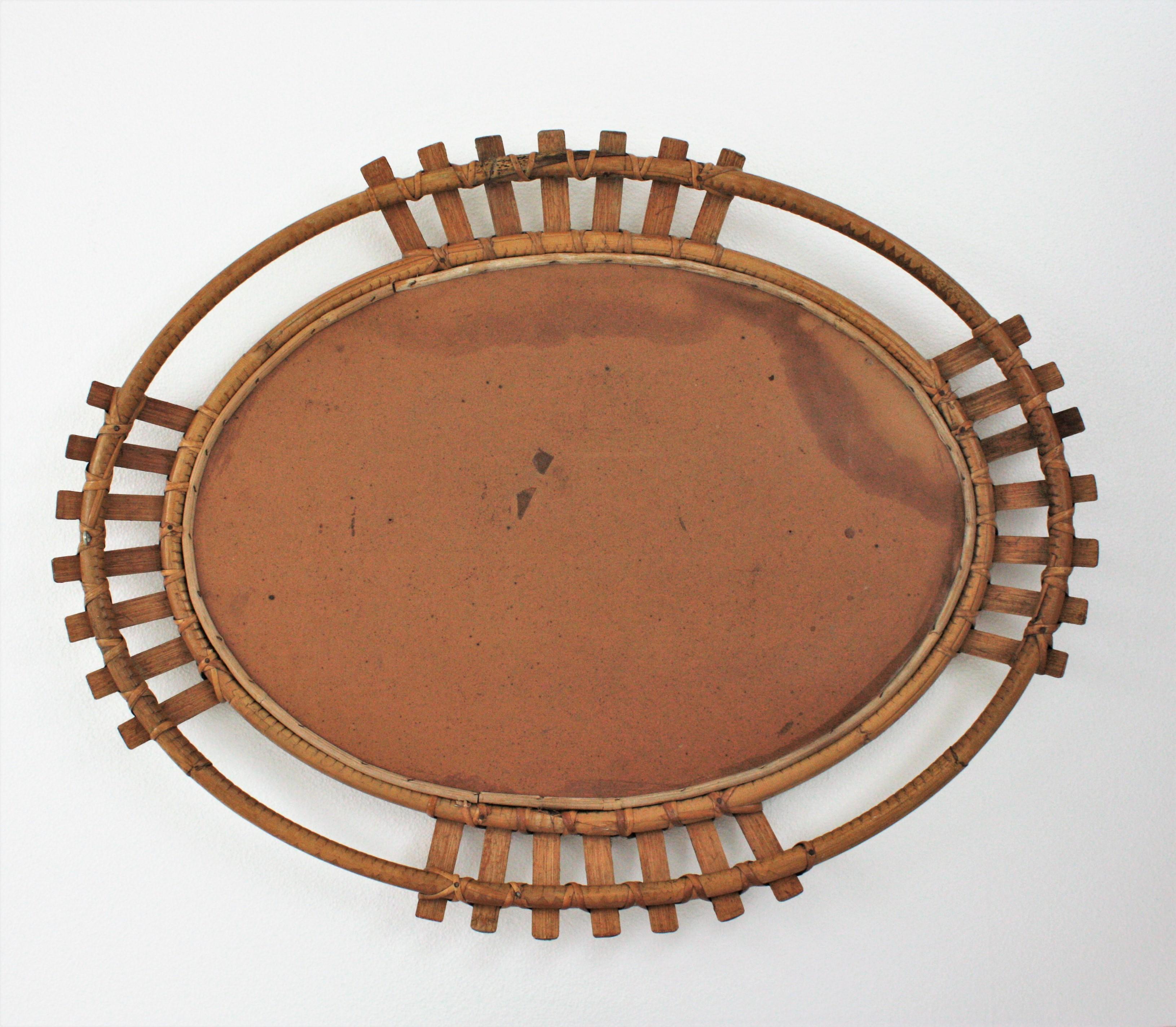 Spanish Bamboo Oval Sunburst Mirror, 1960s 2