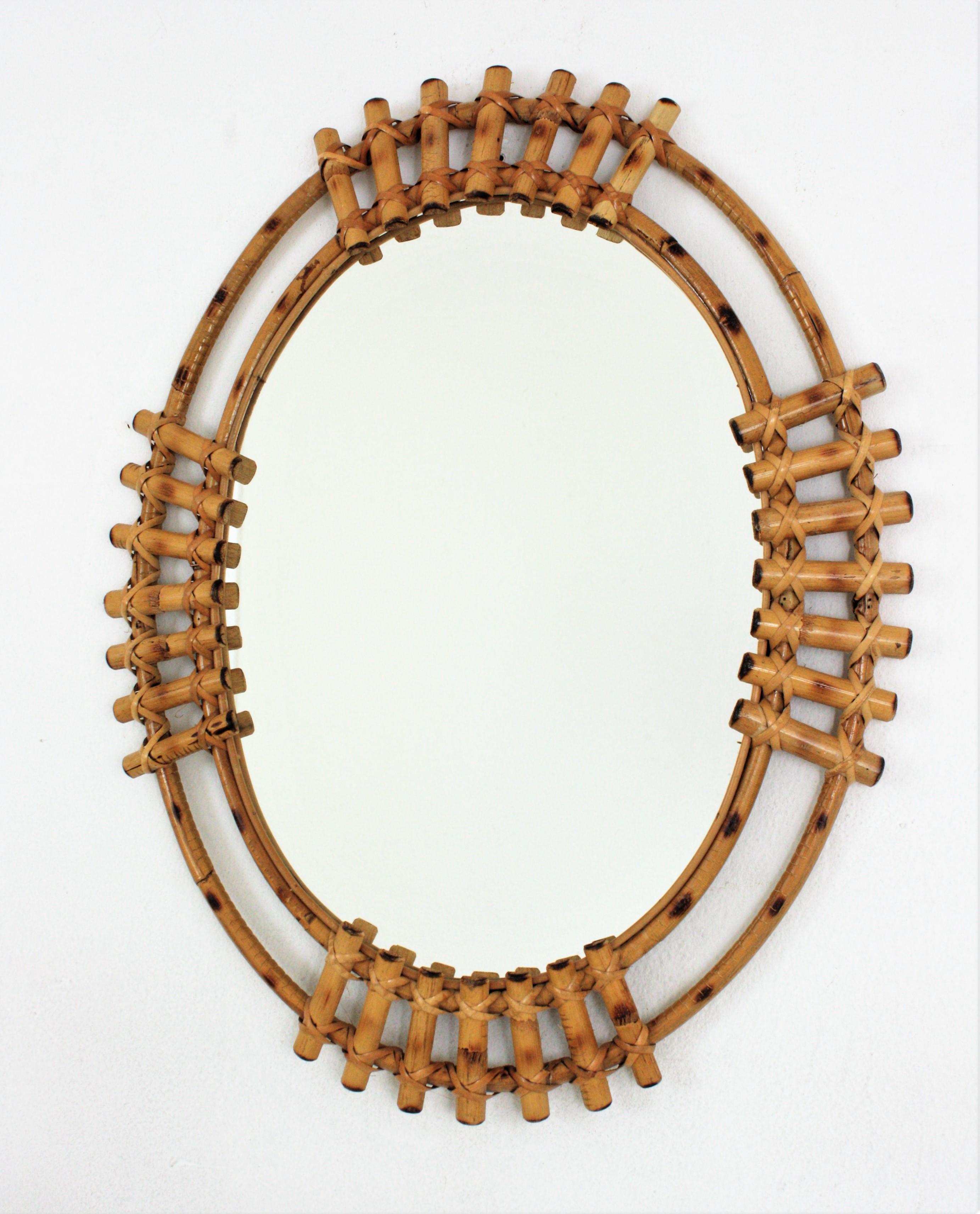 Spanish Bamboo Rattan Oval Sunburst Mirror, 1960s For Sale 2