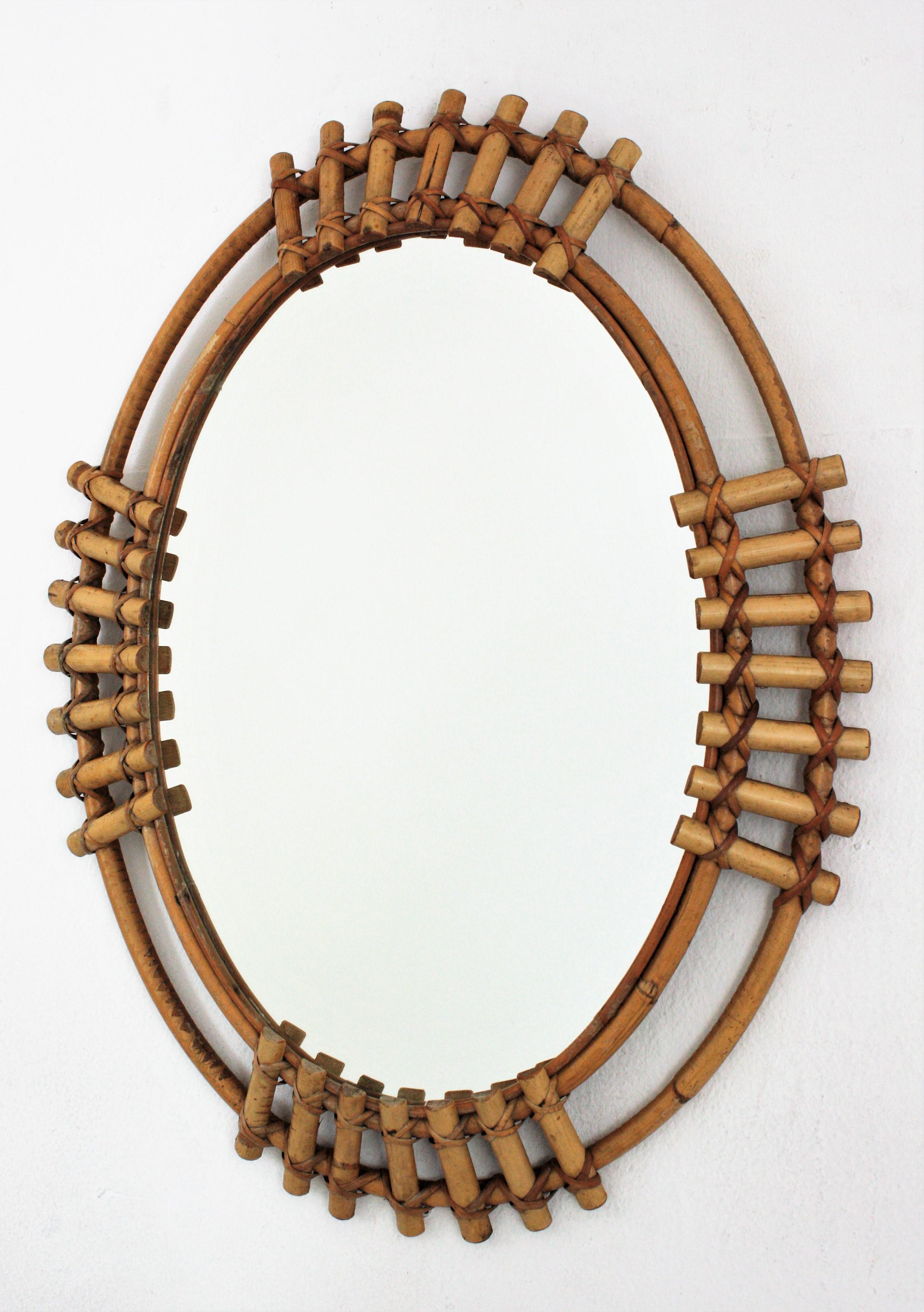 Spanish Bamboo Oval Sunburst Mirror, 1960s 3