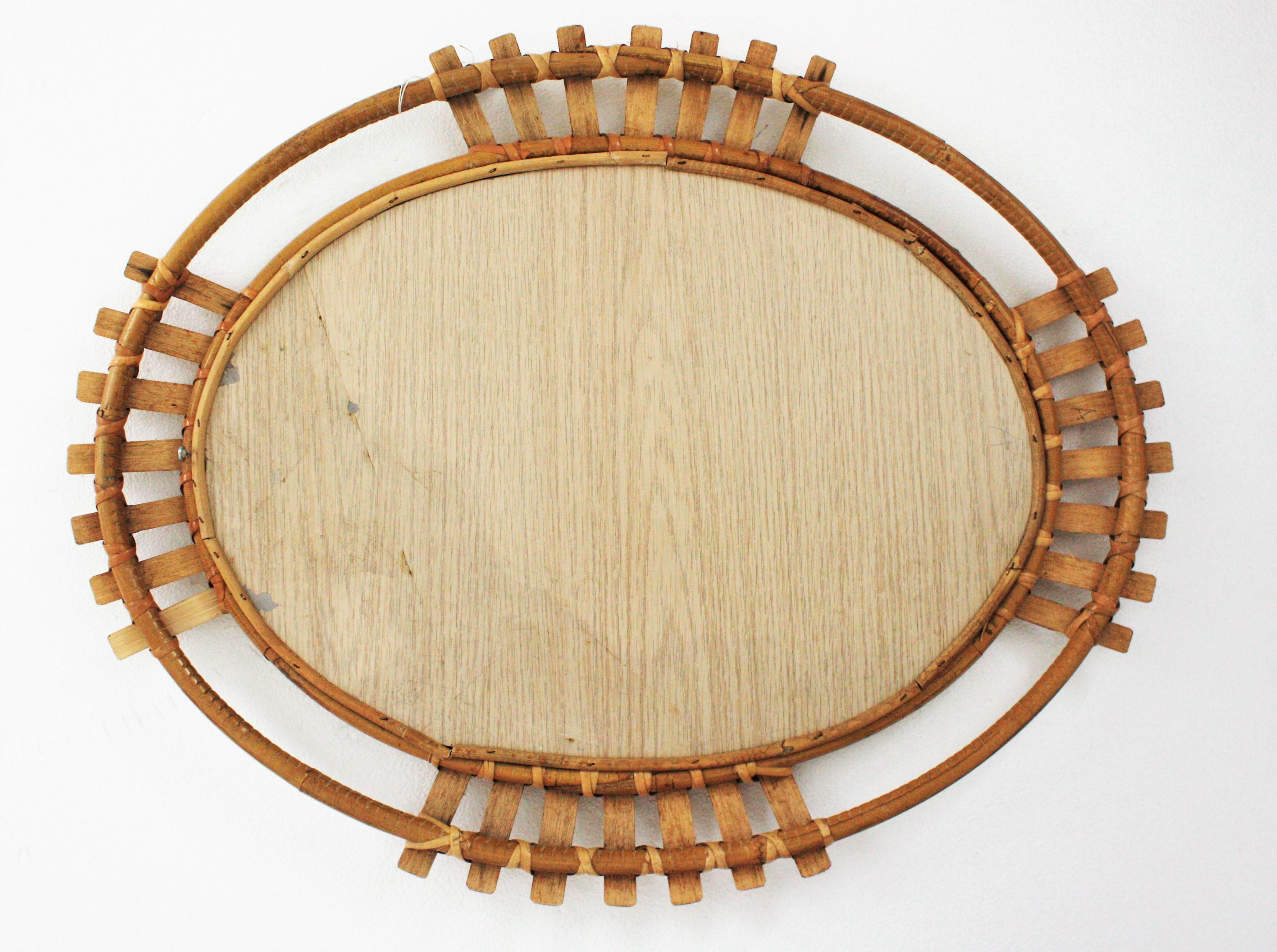 Spanish Bamboo Rattan Oval Sunburst Mirror, 1960s For Sale 4