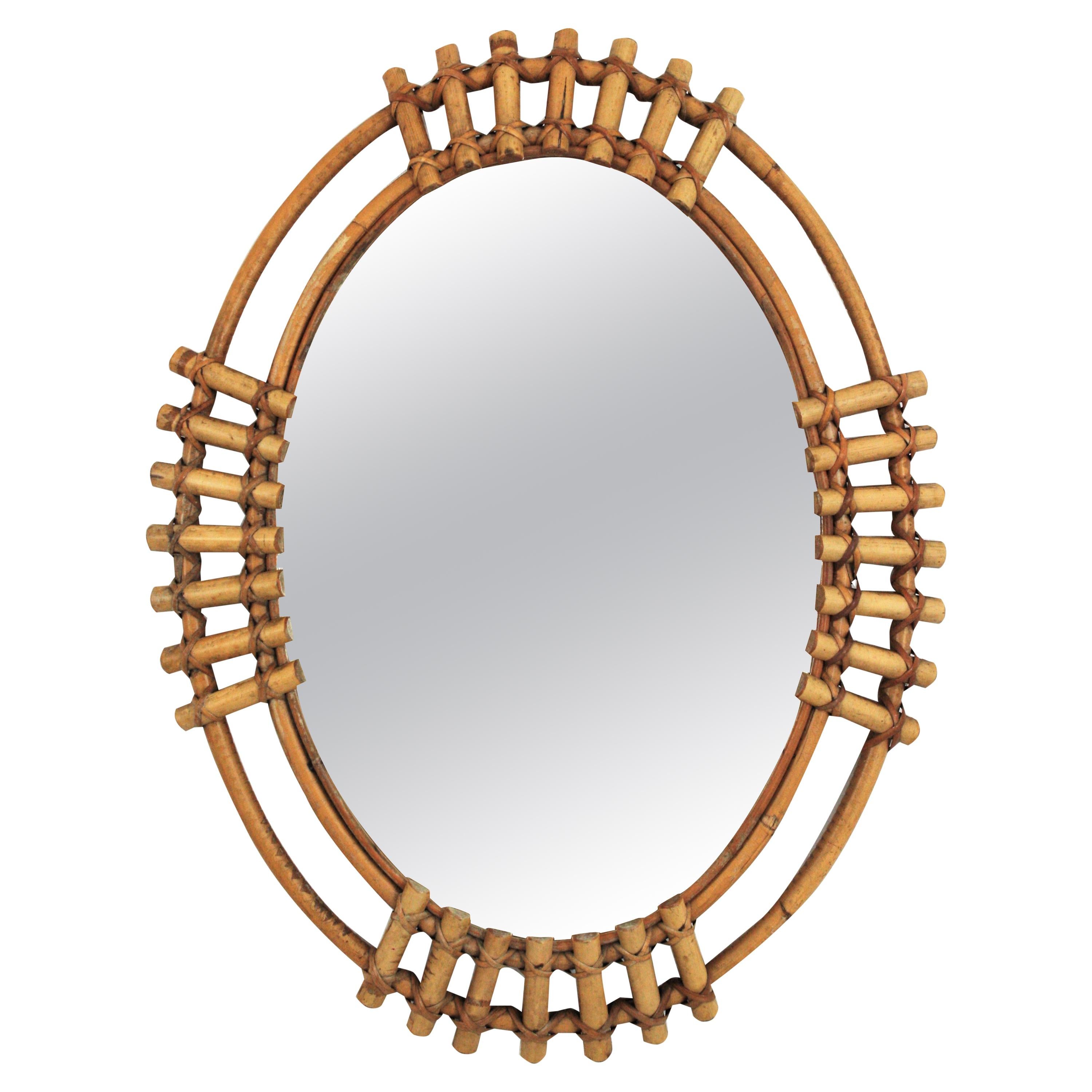 Spanish Bamboo Oval Sunburst Mirror, 1960s