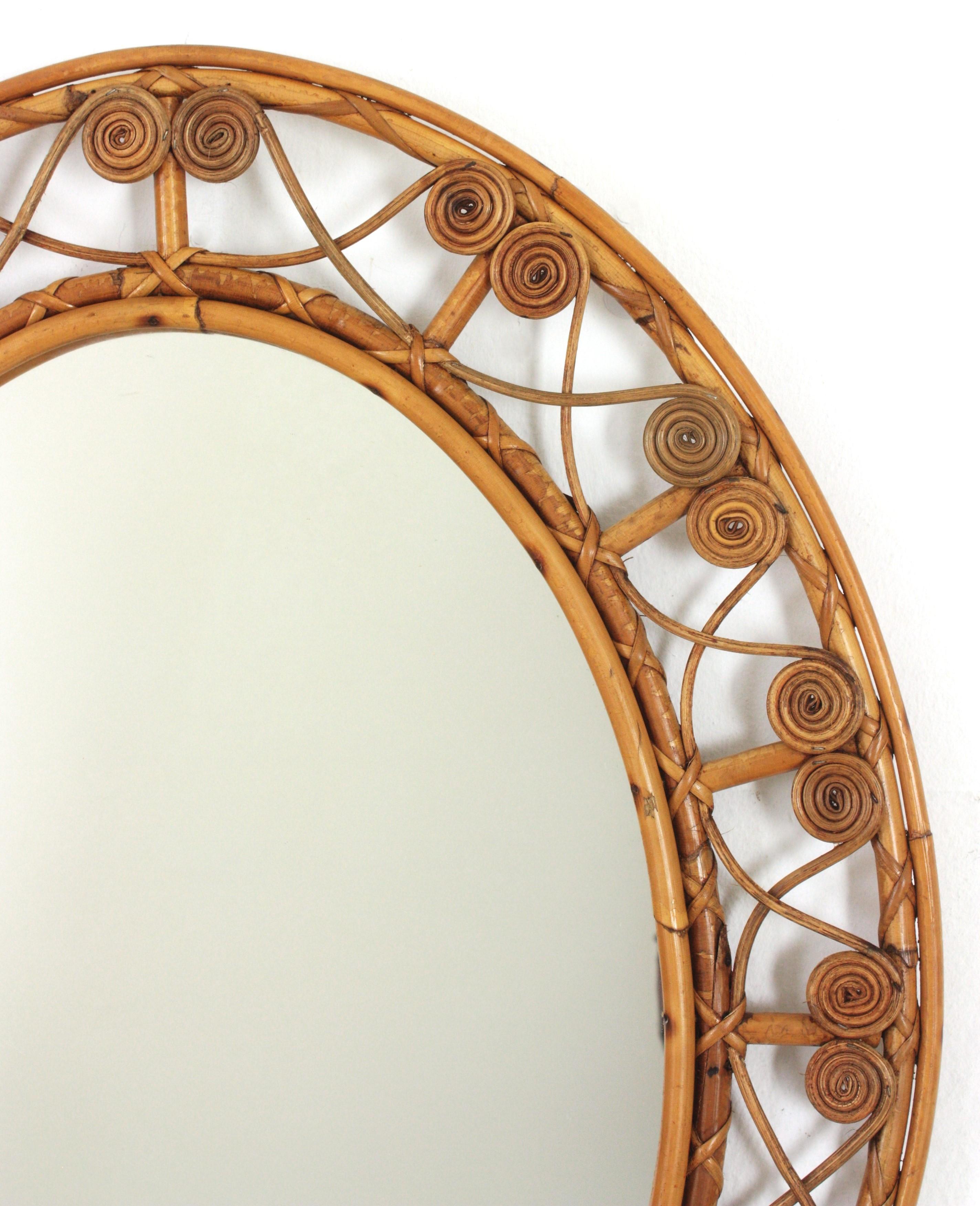 Hand-Crafted Spanish Bamboo Rattan Oval Mirror with Filigree Frame For Sale