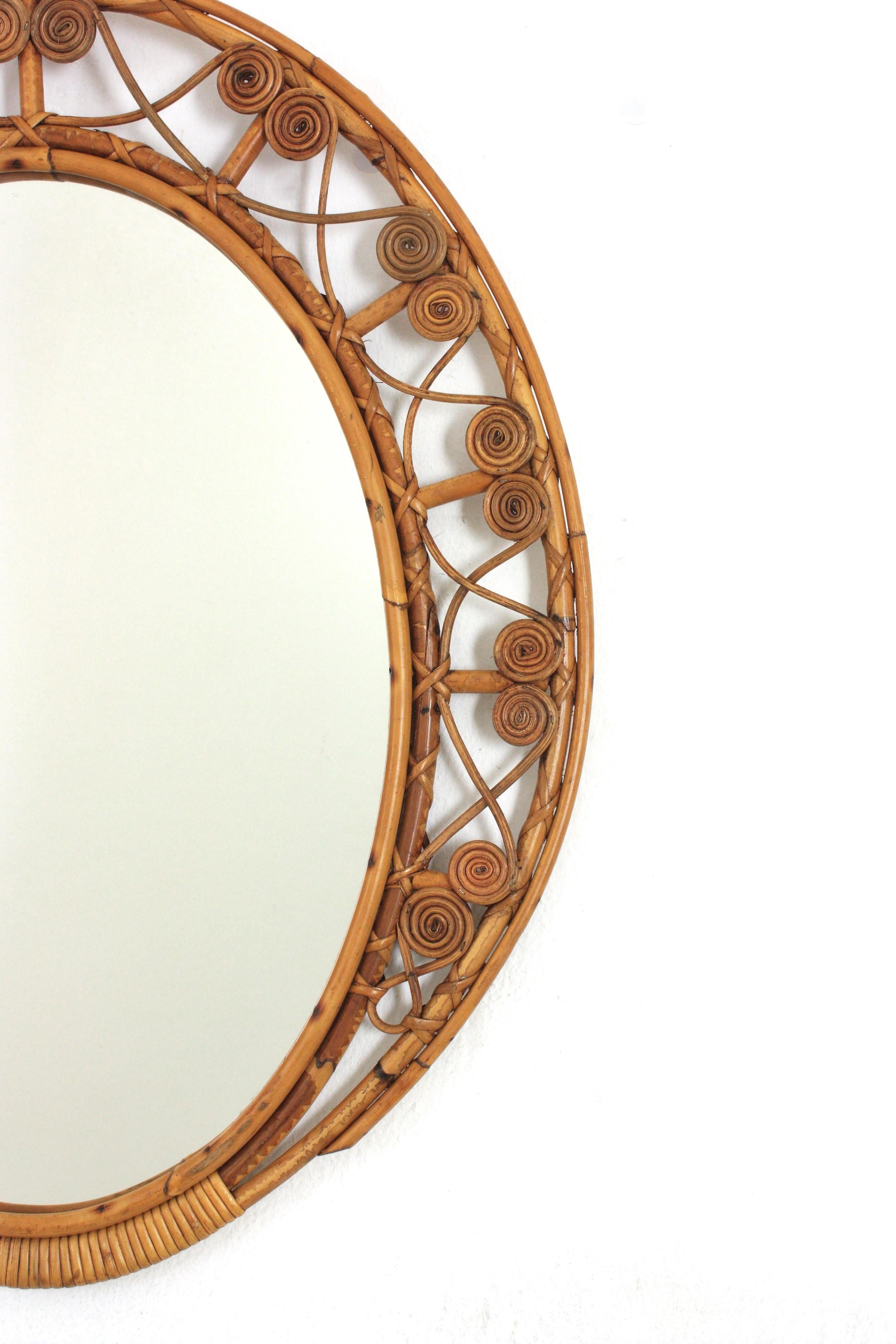 20th Century Spanish Bamboo Rattan Oval Mirror with Filigree Frame For Sale