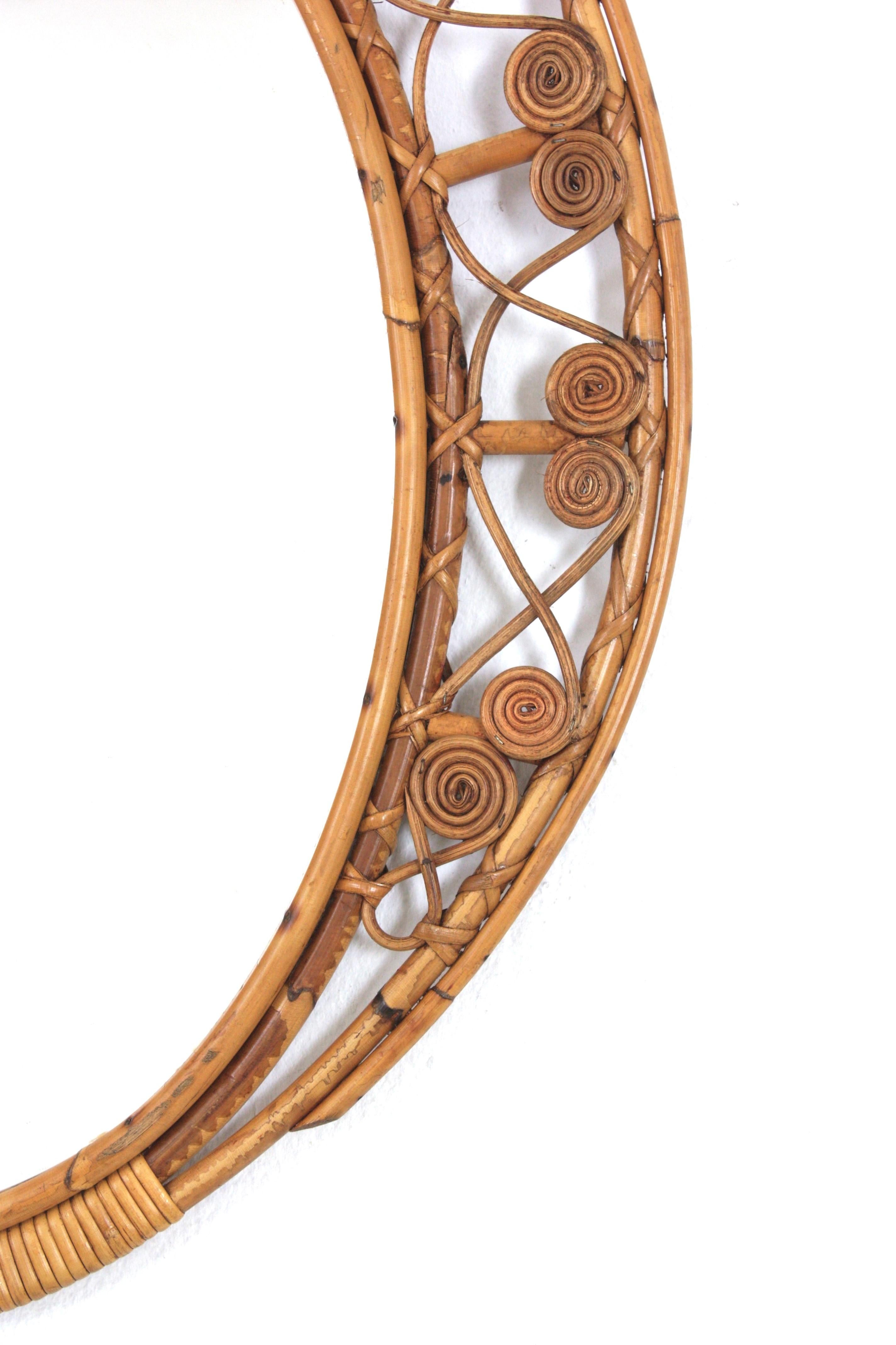 Spanish Bamboo Rattan Oval Mirror with Filigree Frame For Sale 1