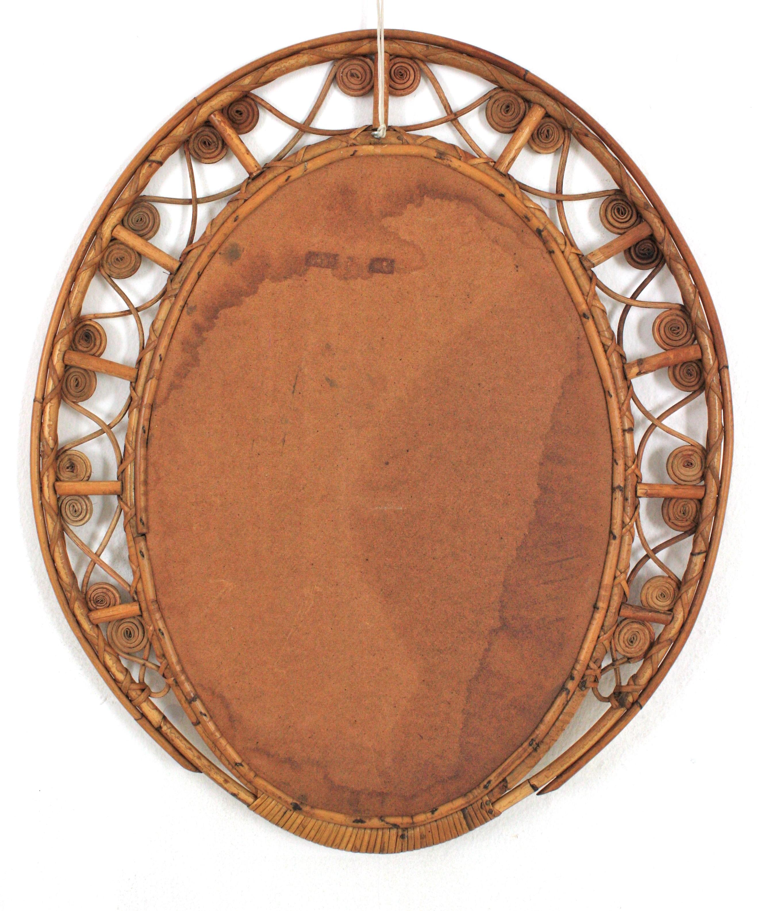 Spanish Bamboo Rattan Oval Mirror with Filigree Frame For Sale 2