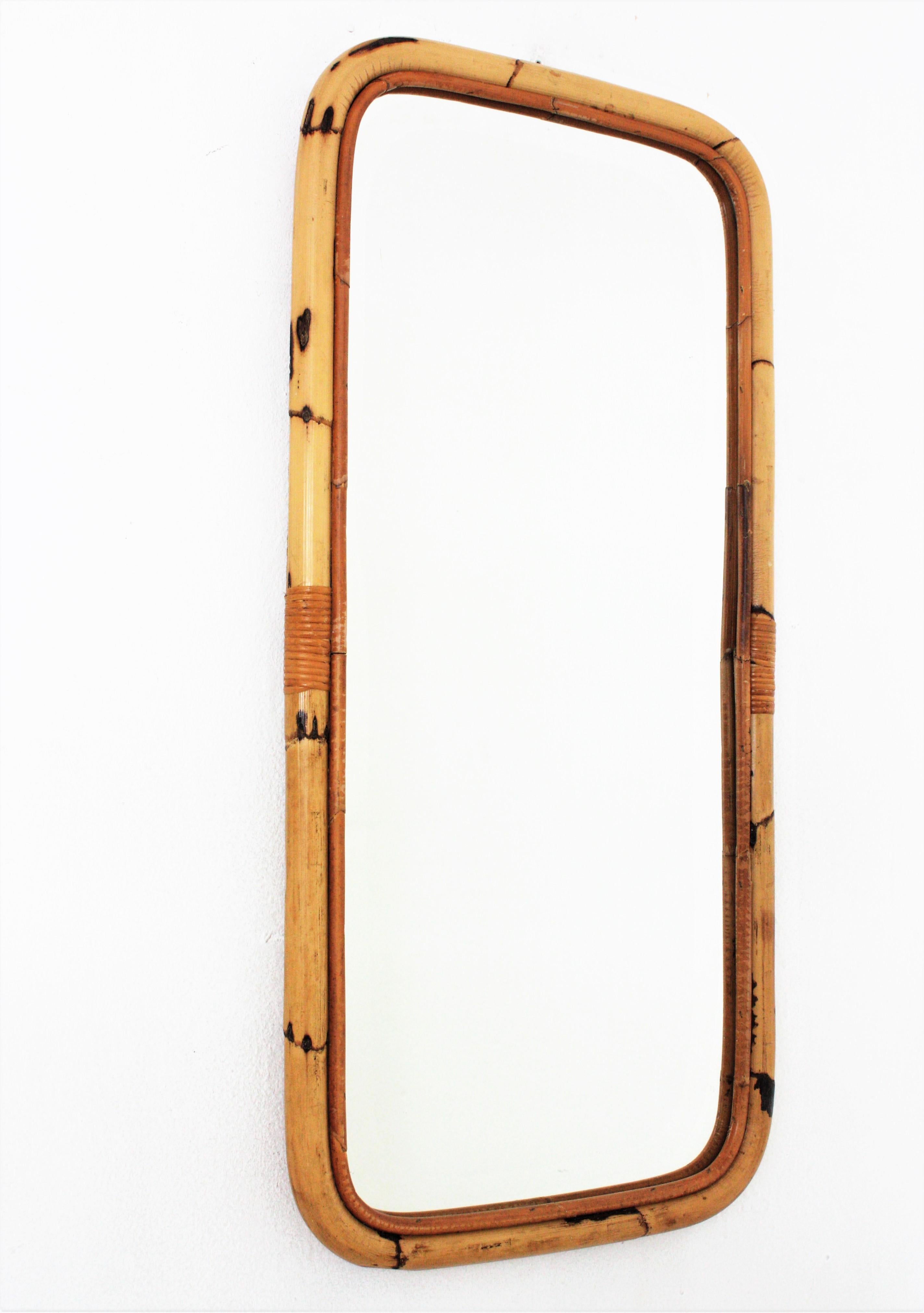 Mid-Century Modern Spanish Bamboo Rattan Rectangular Mirror, 1960s For Sale