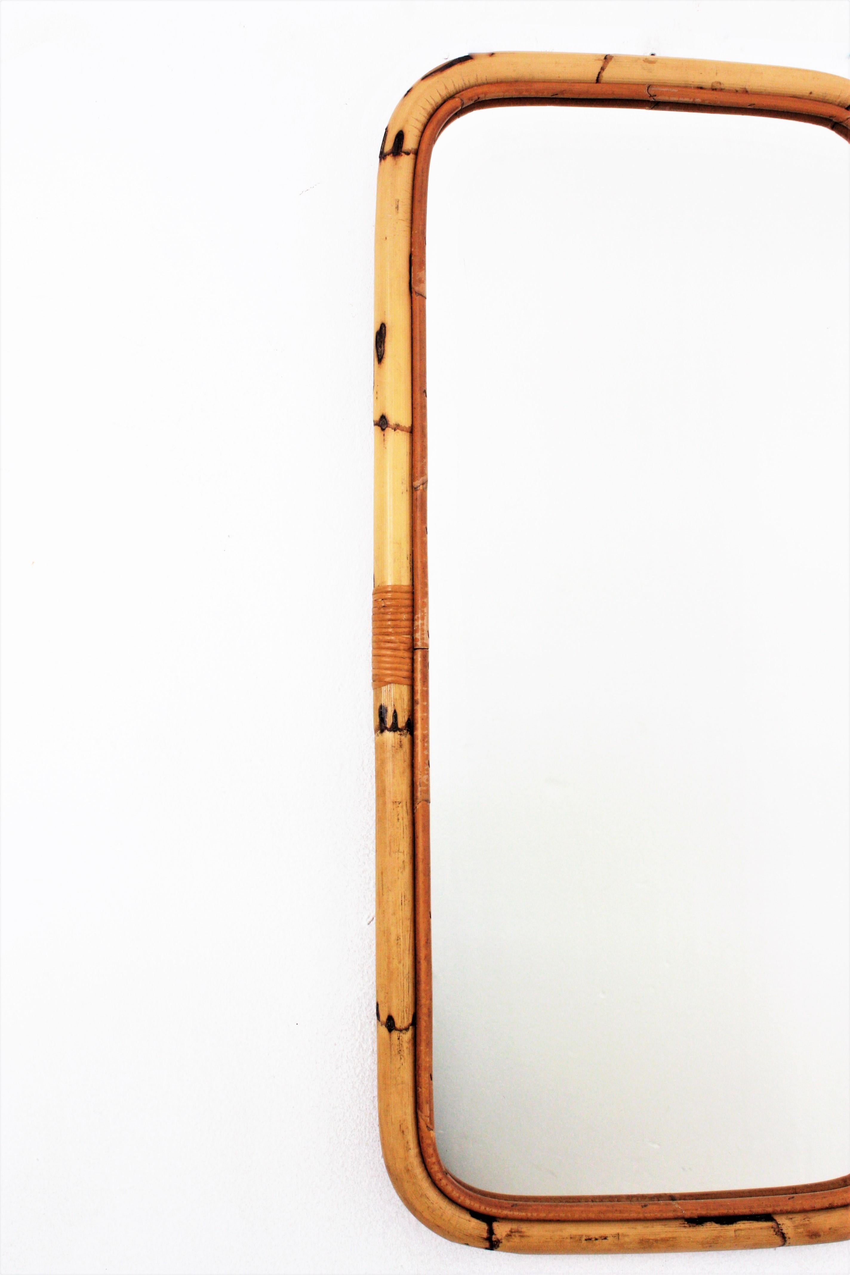 Hand-Crafted Spanish Bamboo Rattan Rectangular Mirror, 1960s