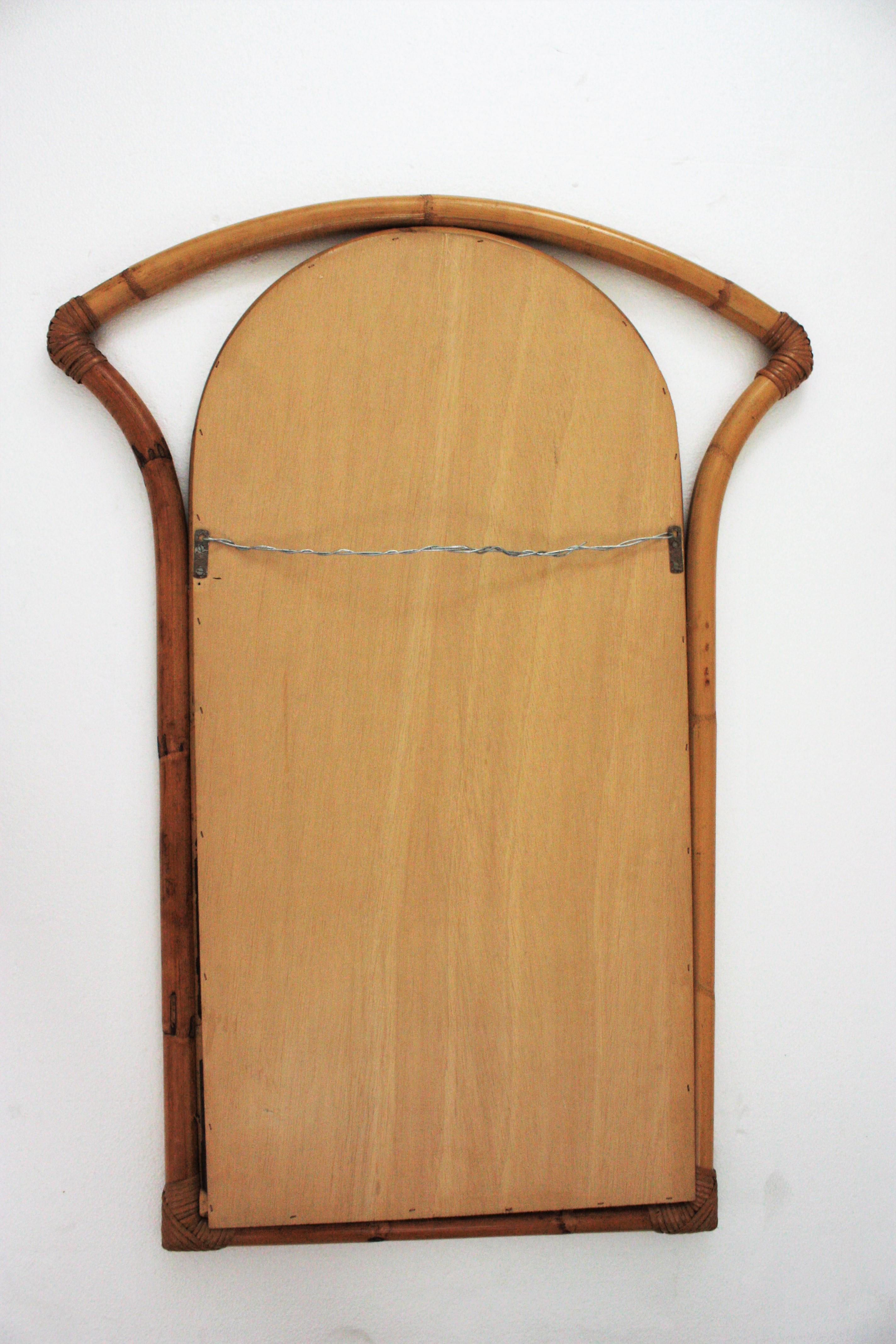 Spanish 1960s Bamboo Rattan Rectangular Mirror with Arched Top For Sale 1